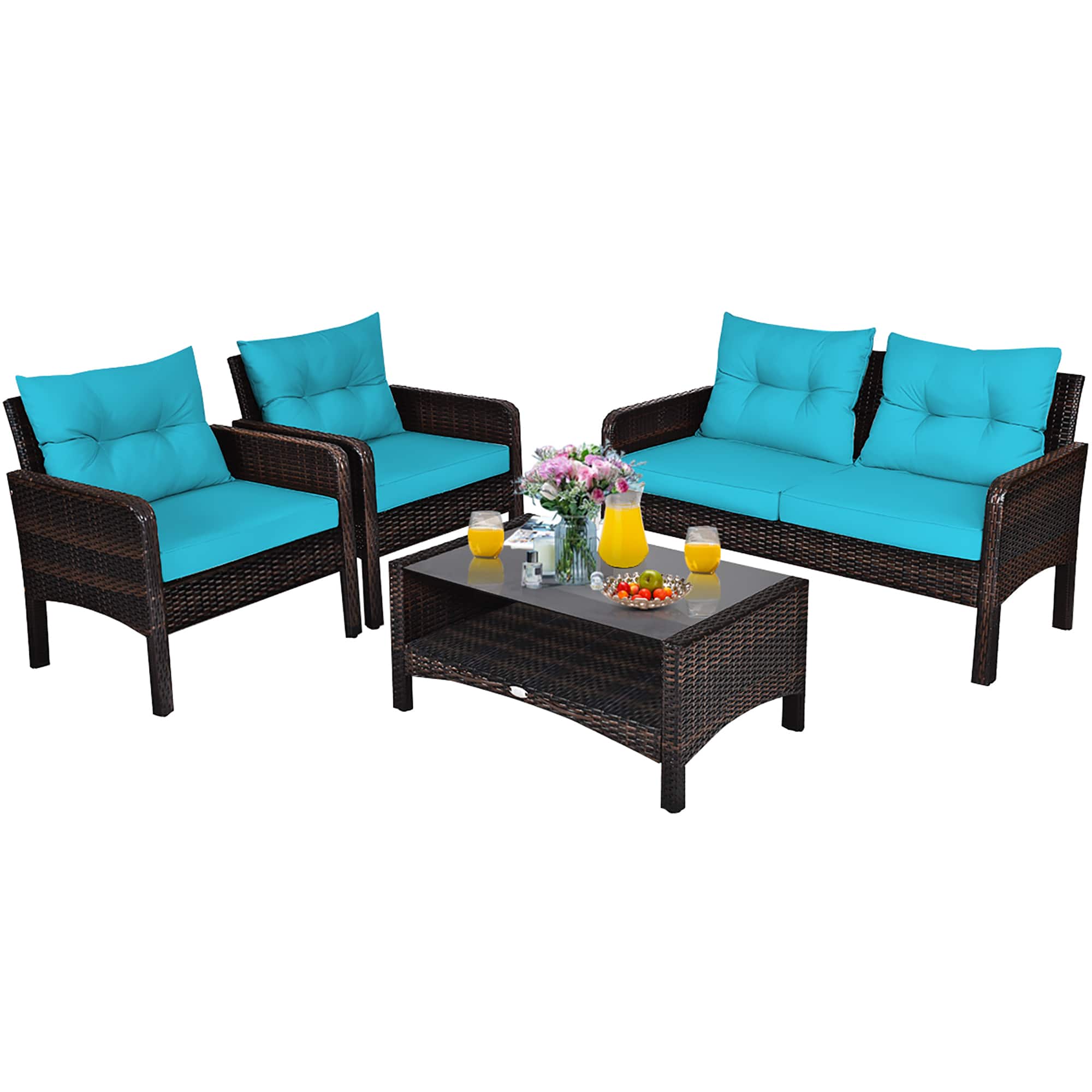 Costway - 4PCS Patio Rattan Furniture Set Loveseat Sofa Coffee Table W/ Cushion - Turquoise price history on PriceWatchPro