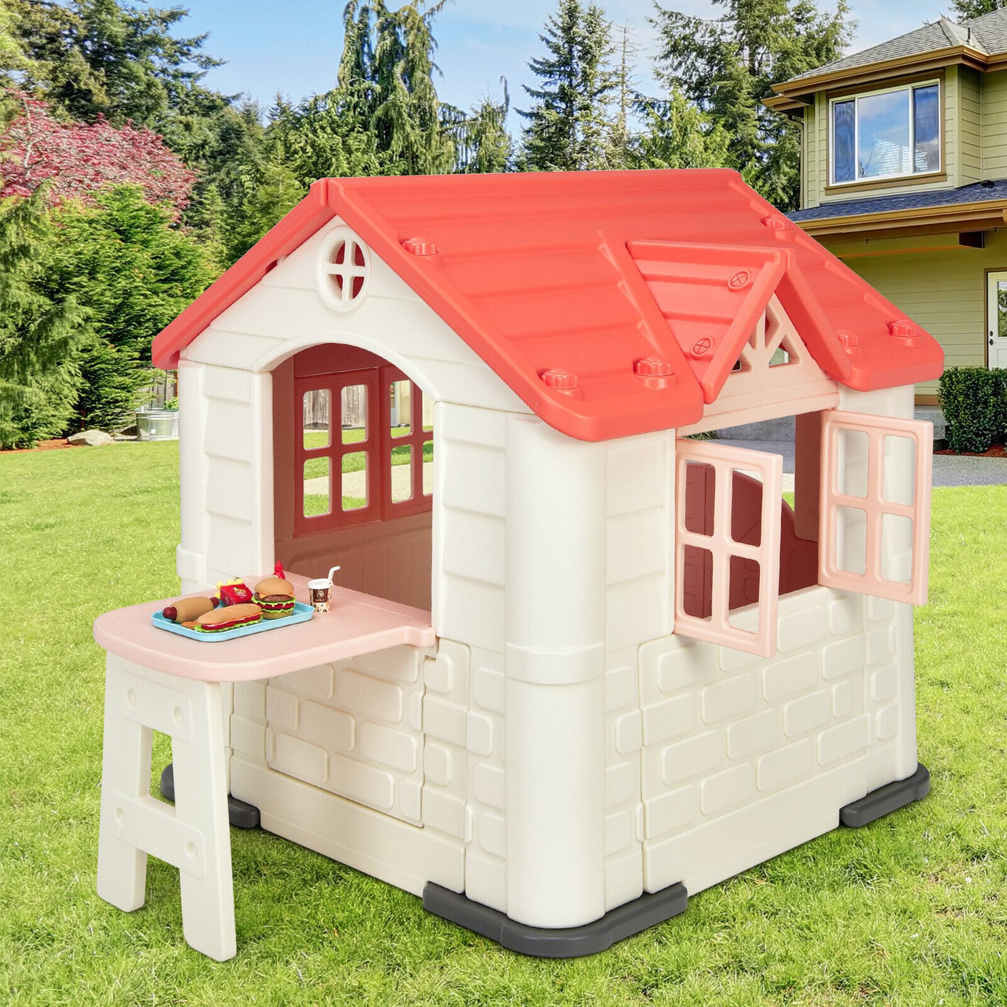Alt View 2. Gymax - Gymax Kid's Playhouse Games Cottage w/ 7 PCS Toy Set & Waterproof Cover Pink - Pink.