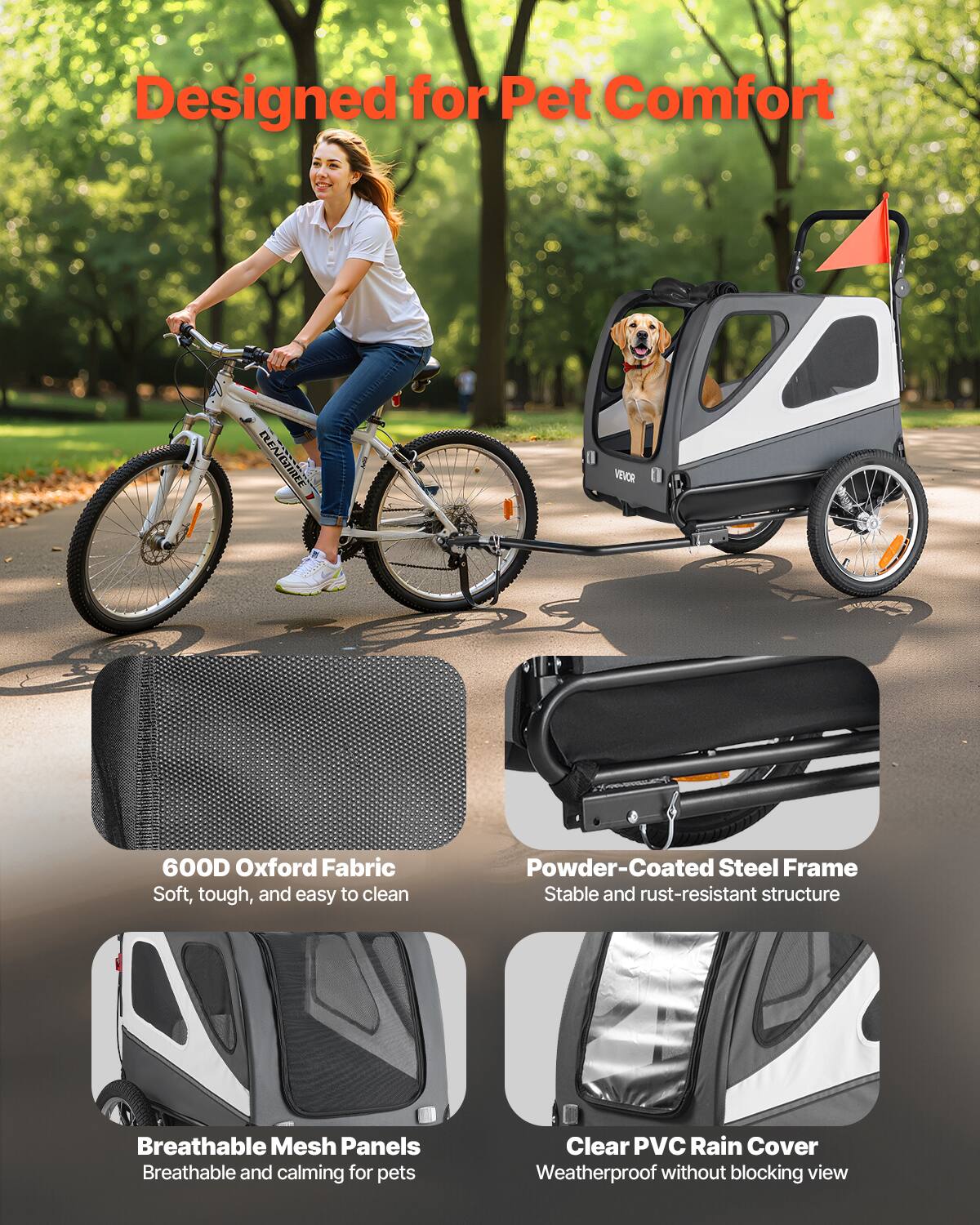 Designed for Pet Comfort

- 600D Oxford Fabric
  - Soft, tough, and easy to clean

- Powder-Coated Steel Frame
  - Stable and rust-resistant structure

- Breathable Mesh Panels
  - Breathable and calming for pets

- Clear PVC Rain Cover
  - Weatherproof without blocking view