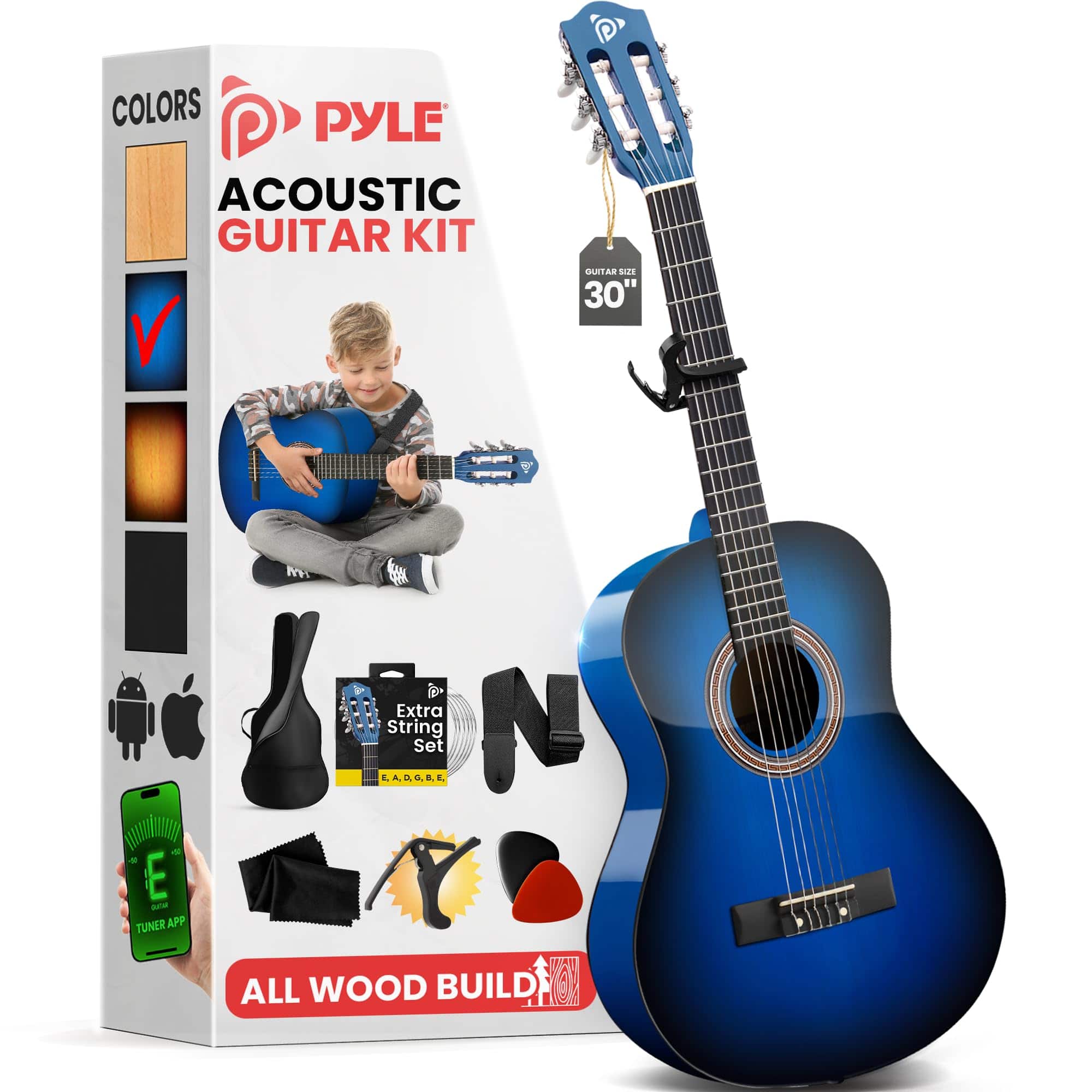 Pyle - Classical Guitar Kit, 30" 1/4 Size All Wood with Capo, Gig Bag, Strings, Strap, Picks, Blue Gloss - PGACMS30BLU - Blue Burst Gloss