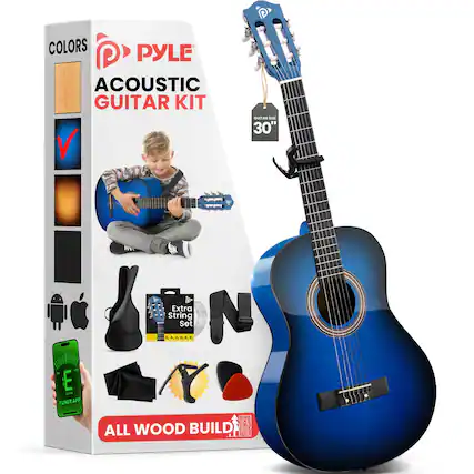 COLORS PYLE ACOUSTIC GUITAR KIT GUITAR 30" Extra String Set LABORE TUNER APP ALL WOOD BUILD