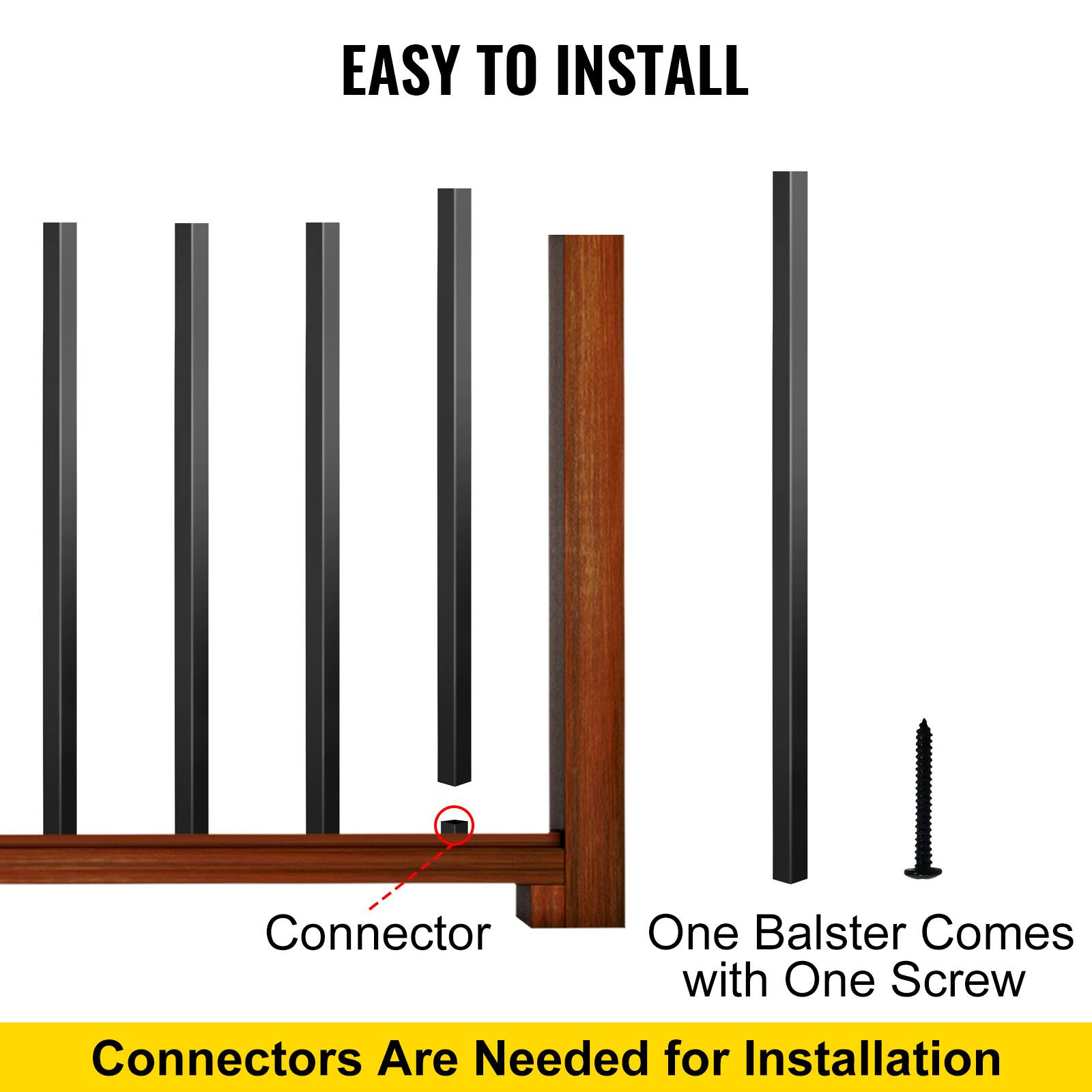 Easy to install. Connector one baluster comes with one screw. Connectors are needed for installation.