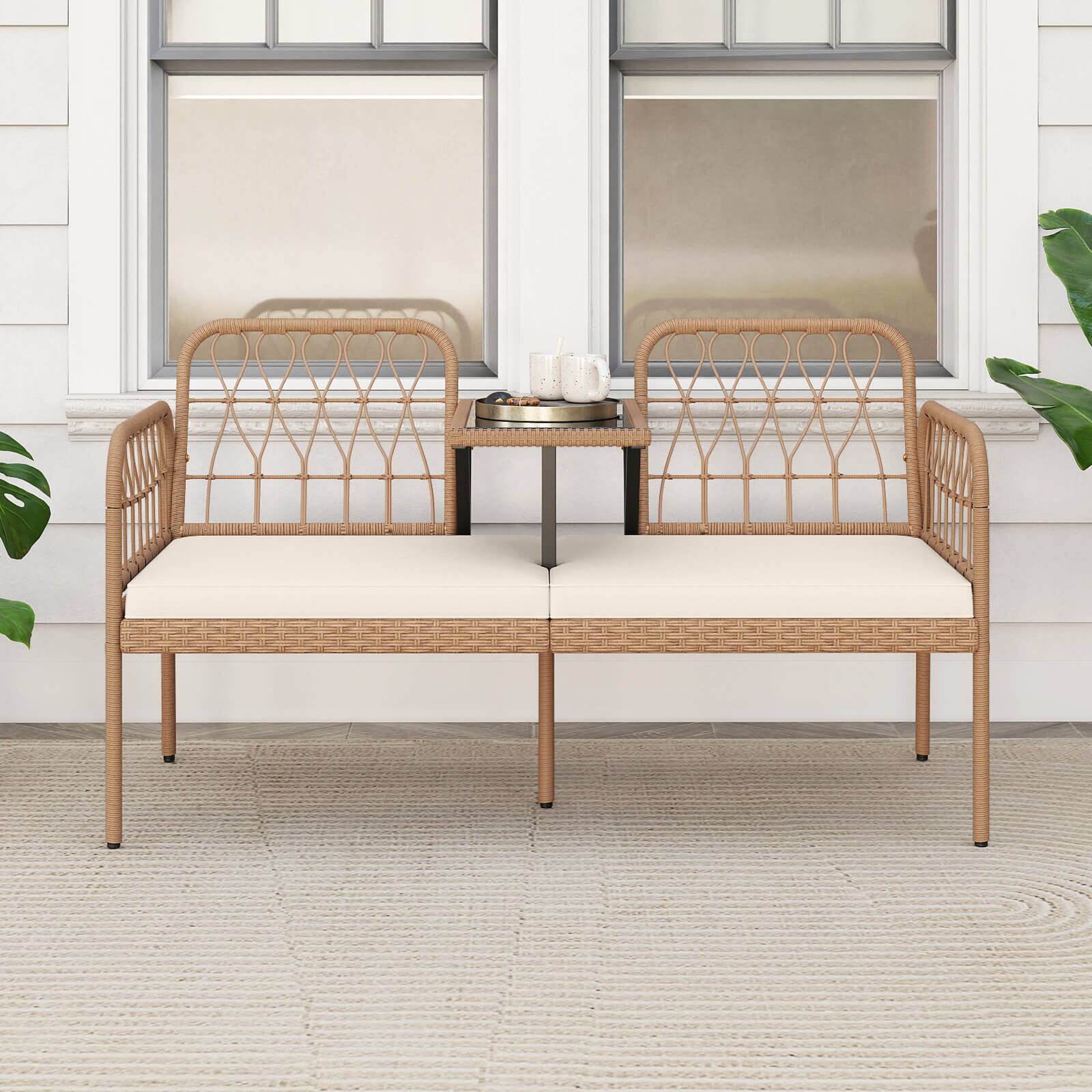 Alt View 3. Costway - Costway PE Rattan Outdoor Loveseat with Built-in Coffee Table & Soft Cushions for Lawn - Off White.