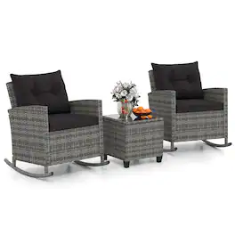 Costway - 3 PCS Patio Wicker Rocking Set with Tempered Glass Table & Soft Cushions Outdoor - Black, Mix Gray