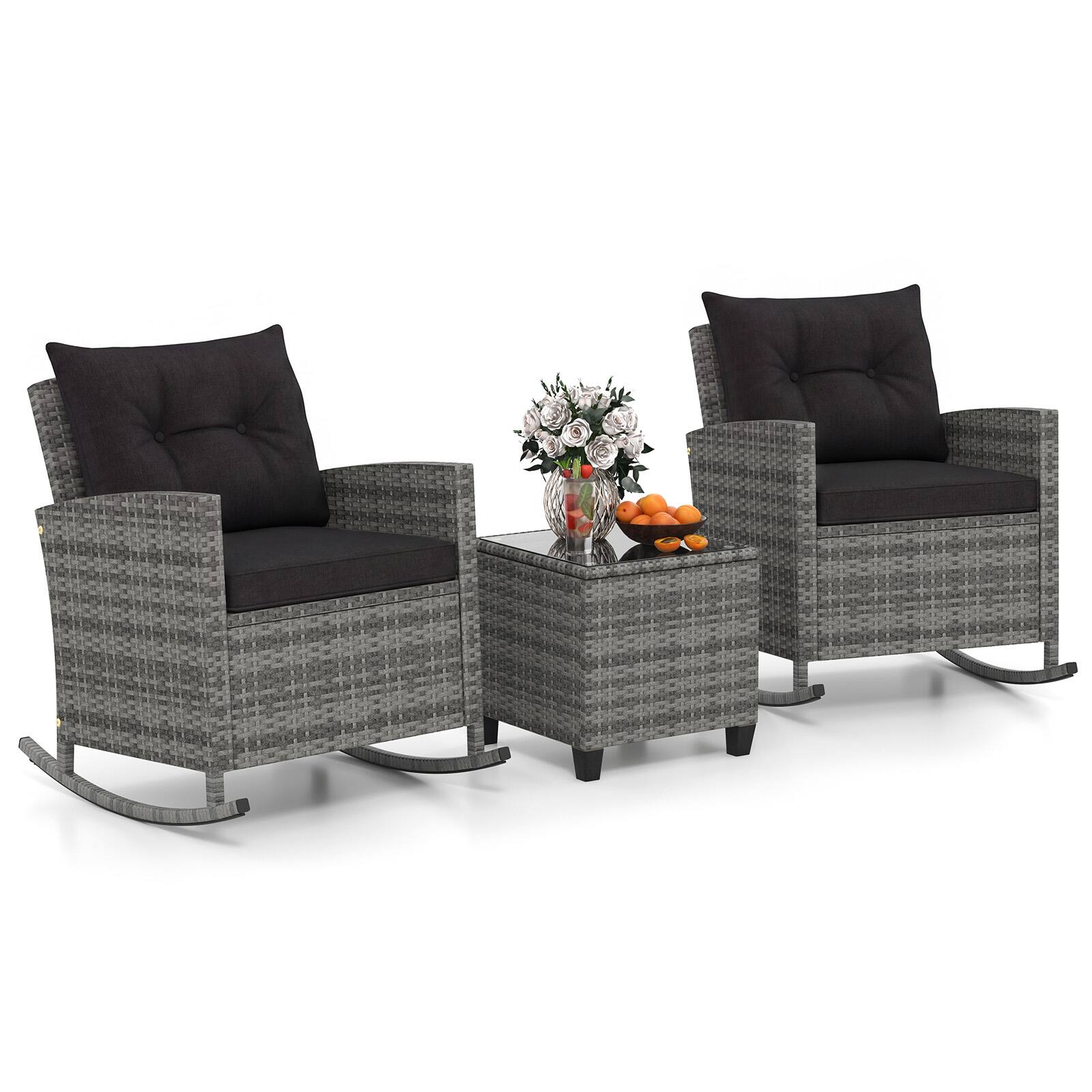 Front. Costway - Costway 3 PCS Patio Wicker Rocking Set with Tempered Glass Table & Soft Cushions Outdoor - Black, Mix Gray.