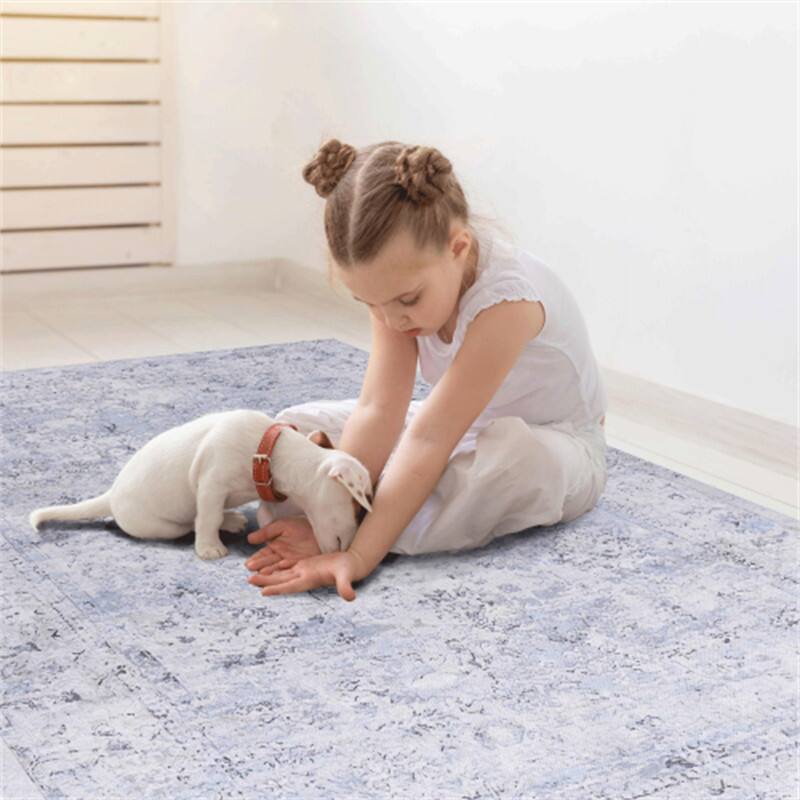 Left. HTUTWOO - Foldable Washable Rug 8x10 - Chenille Area Rug, Machine Washable, Non-Slip TPR Backing, Low Pile 0.14",  for Living Room - Blue+Cream.