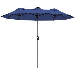 Outsunny - Double Sided Patio Umbrella, 9.7' Large Outdoor Market Umbrella with LED Solar Light, Tilt and Crank, 3 Air Vents - Navy Blue