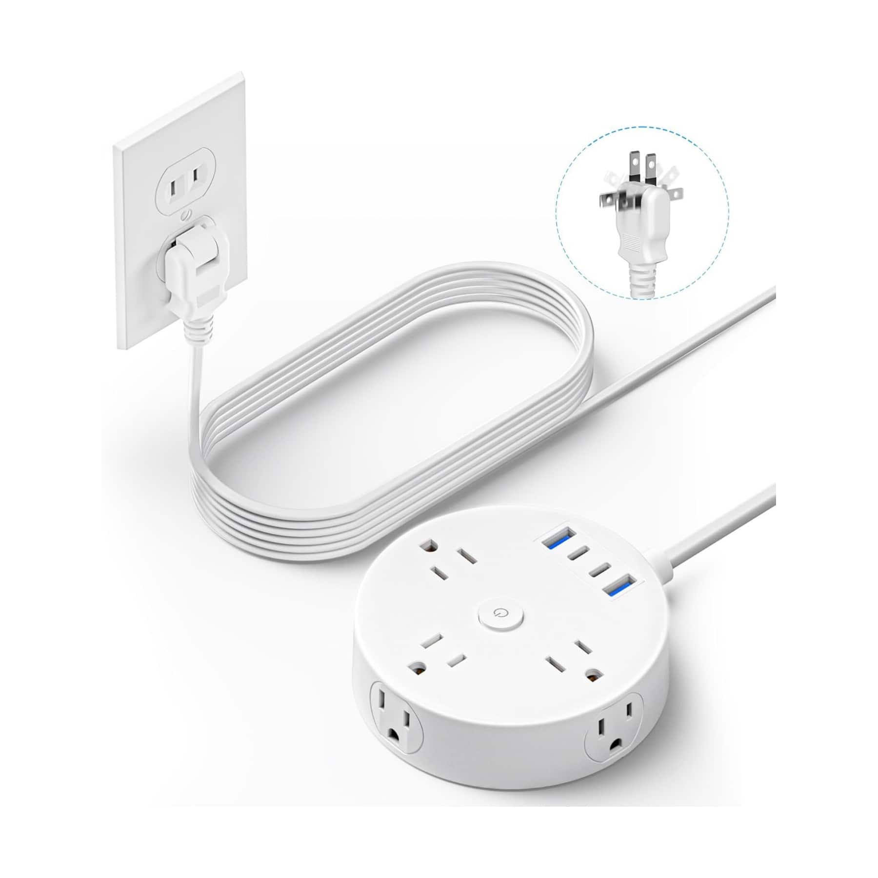 Dazzed Corner - 10 FT 2 Prong Power Strip, 6 Outlets 4 USB - White