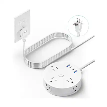 Front. Dazzed Corner - 10 FT 2 Prong Power Strip, 6 Outlets 4 USB - White.