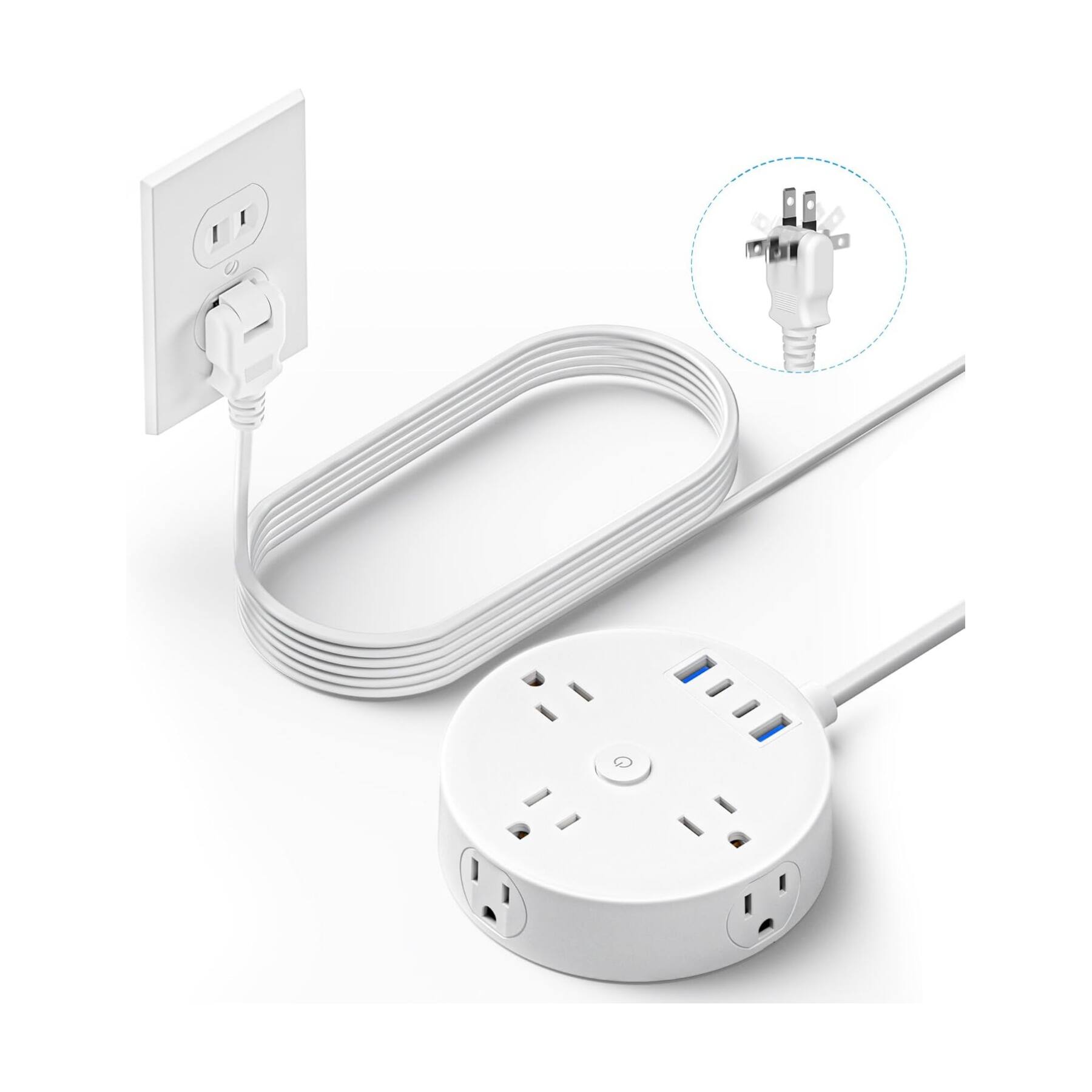 Front. Dazzed Corner - 10 FT 2 Prong Power Strip, 6 Outlets 4 USB - White.