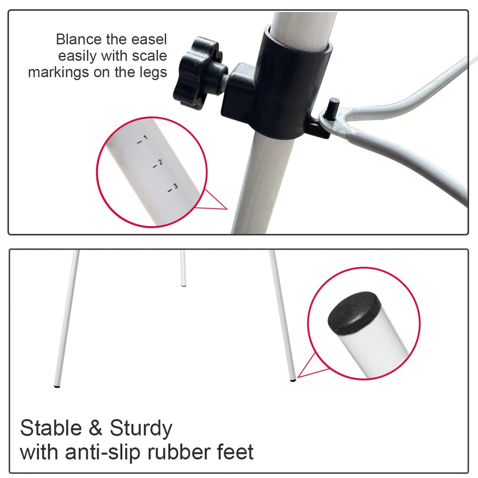 Balance the easel easily with scale markings on the legs

Stable & Sturdy with anti-slip rubber feet