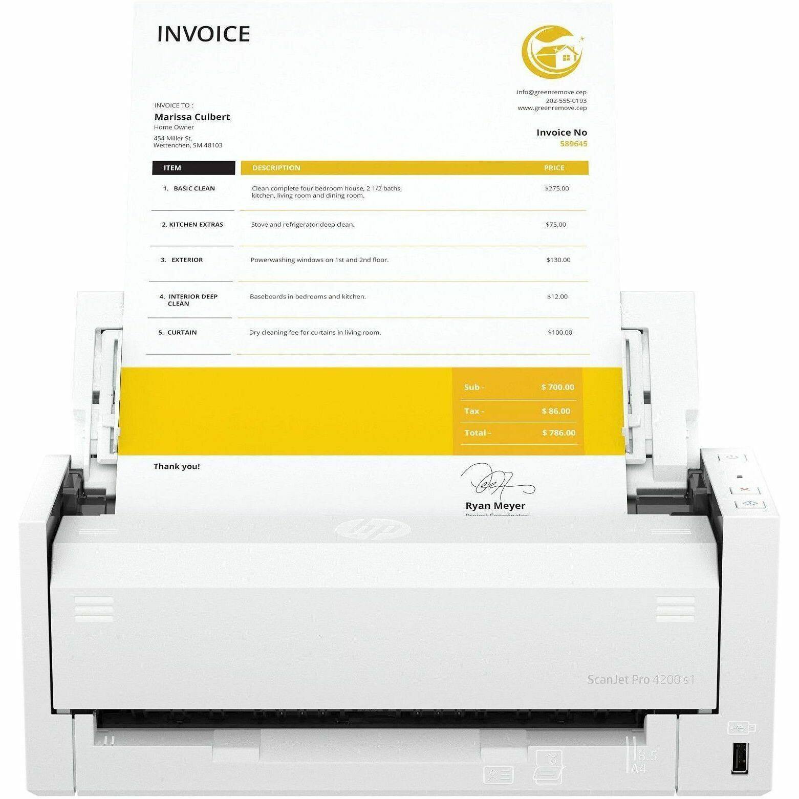 **INVOICE**

**INVOICE TO:**
Marissa Culbert  
Home Owner  
Wetterenchen, SM 48103

**Invoice No:** 589649

**ITEM** | **DESCRIPTION** | **PRICE**
--- | --- | ---
1. BASIC CLEAN | Clean complete four bedroom house, 2/12 bathrooms, kitchen, living room and dining room 1212 sqft. | $275.00
2. KITCHEN EXTRAS | Stove and refrigerator deep clean. | $130.00
3. EXTERIOR | Powerwashing windows on 1st and 2nd floor. | $12.00
4. INTERIOR DEEP CLEAN | Baseboards in bedrooms and kitchen. | $100.00
5. CURTAIN | Dry cleaning fee for curtains in living room. | $50.00

**Sub:** $700.00  
**Tax:** $86.00  
**Total:** $786.00

Thank you!

Ryan Meyer  
Regional Coordinator

---

info@greenremove.cop  
www.greenremove.cop