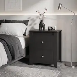 WELLFOR - Nightstand with 2 Drawers and Storage for Small Spaces - Black