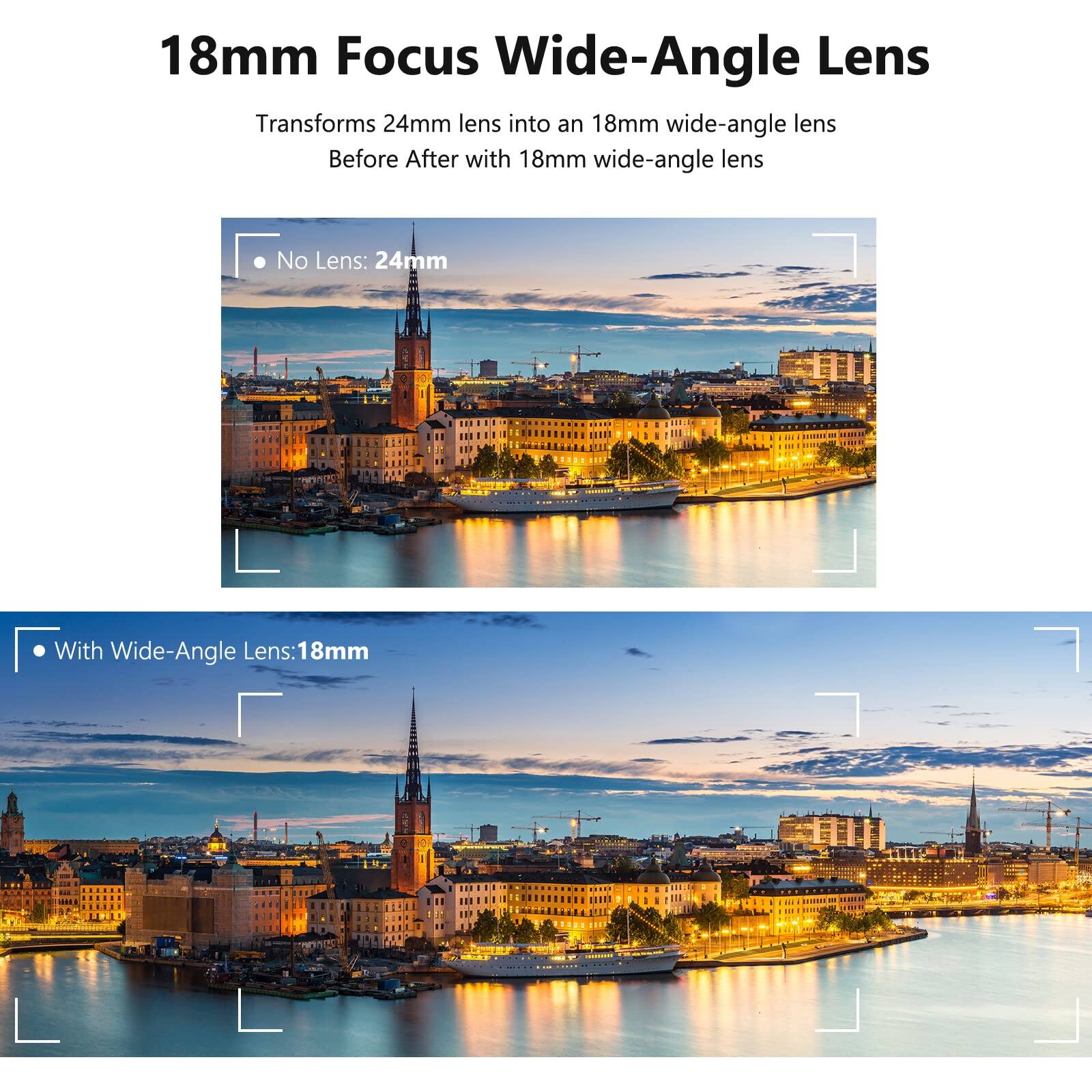18mm Focus Wide-Angle Lens  
Transforms 24mm lens into an 18mm wide-angle lens  

Before After with 18mm wide-angle lens  

No Lens: 24mm  

With Wide-Angle Lens: 18mm