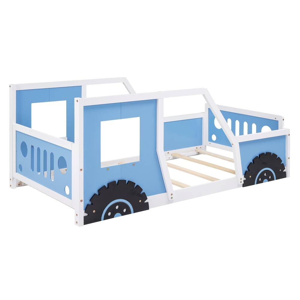 Alt View 7. Loheer - Loheer Twin Size Classic Car Shaped Platform Bed with Wheels, Blue Kids Wooden Bed Frame - Blue.