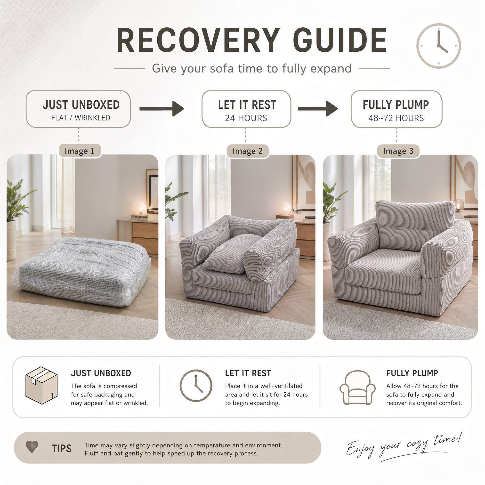 RECOVERY GUIDE  
Give your sofa time to fully expand

JUST UNBOXED  
FLAT / WRINKLED

LET IT REST  
24 HOURS

FULLY PLUMP  
48~72 HOURS

The sofa is compressed for safe packaging and may appear flat or wrinkled.  
Place it in a well-ventilated area and let it sit for 24 hours to begin expanding.  
Allow 48~72 hours for the sofa to fully expand and recover its original comfort.

TIPS  
Time may vary slightly depending on temperature and environment. Fluff and pat gently to help speed up the recovery process.

Enjoy your cozy time!