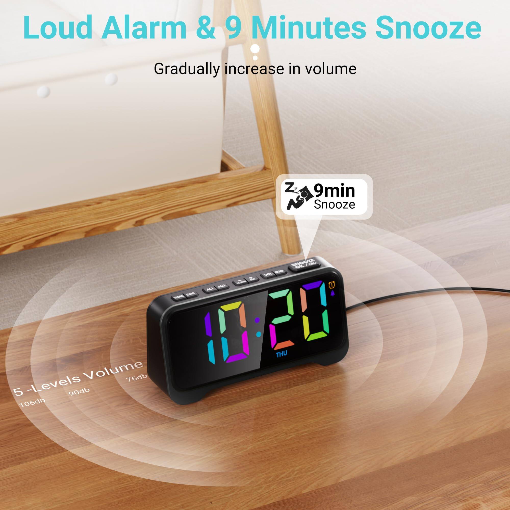 Loud Alarm & 9 Minutes Snooze  
Gradually increase in volume  

Z 9min Snooze  

5 -Levels Volume  
106db 90db 76db  

THU
