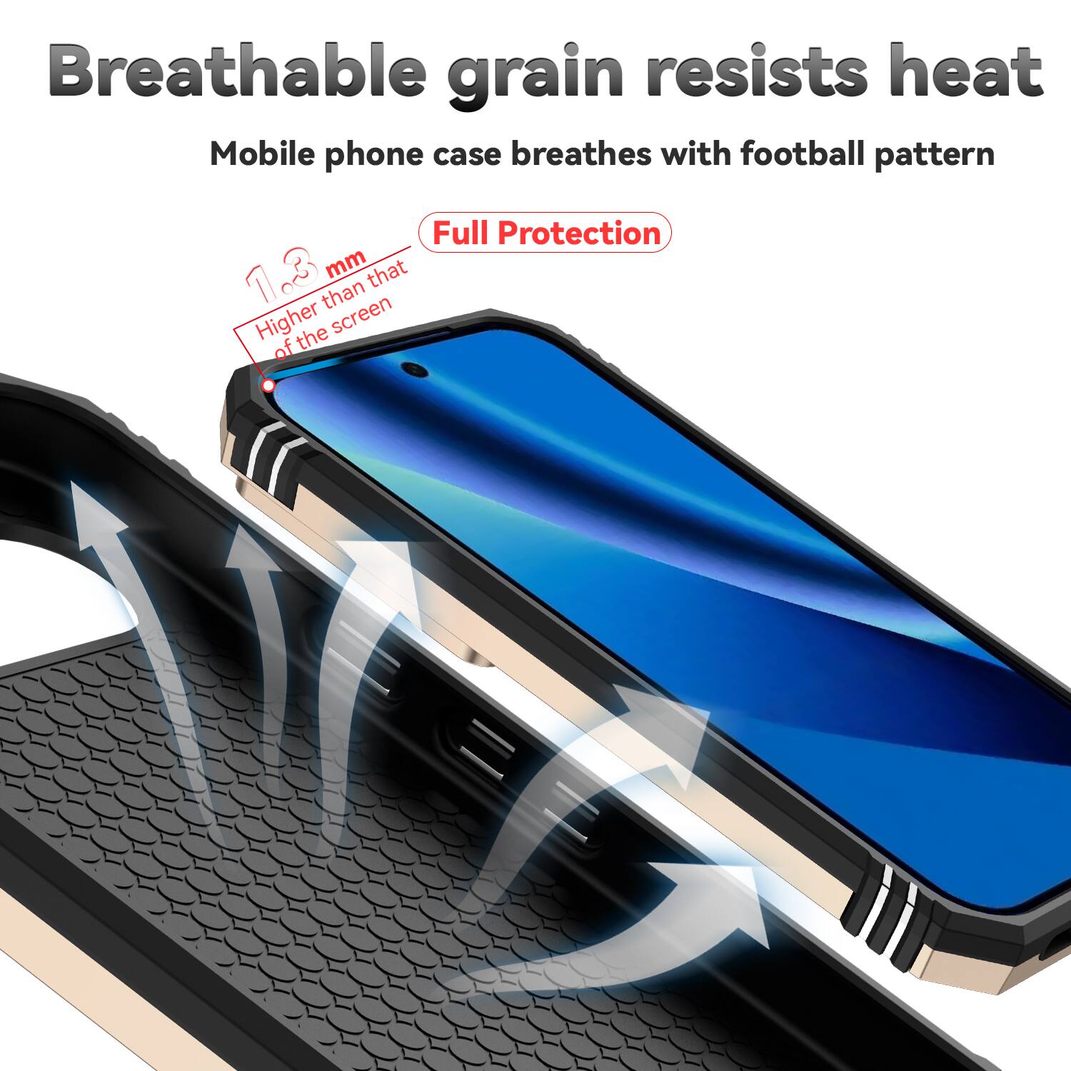 Breathable grain resists heat  
Mobile phone case breathes with football pattern  
Full Protection  
1.3 mm higher than that of the screen