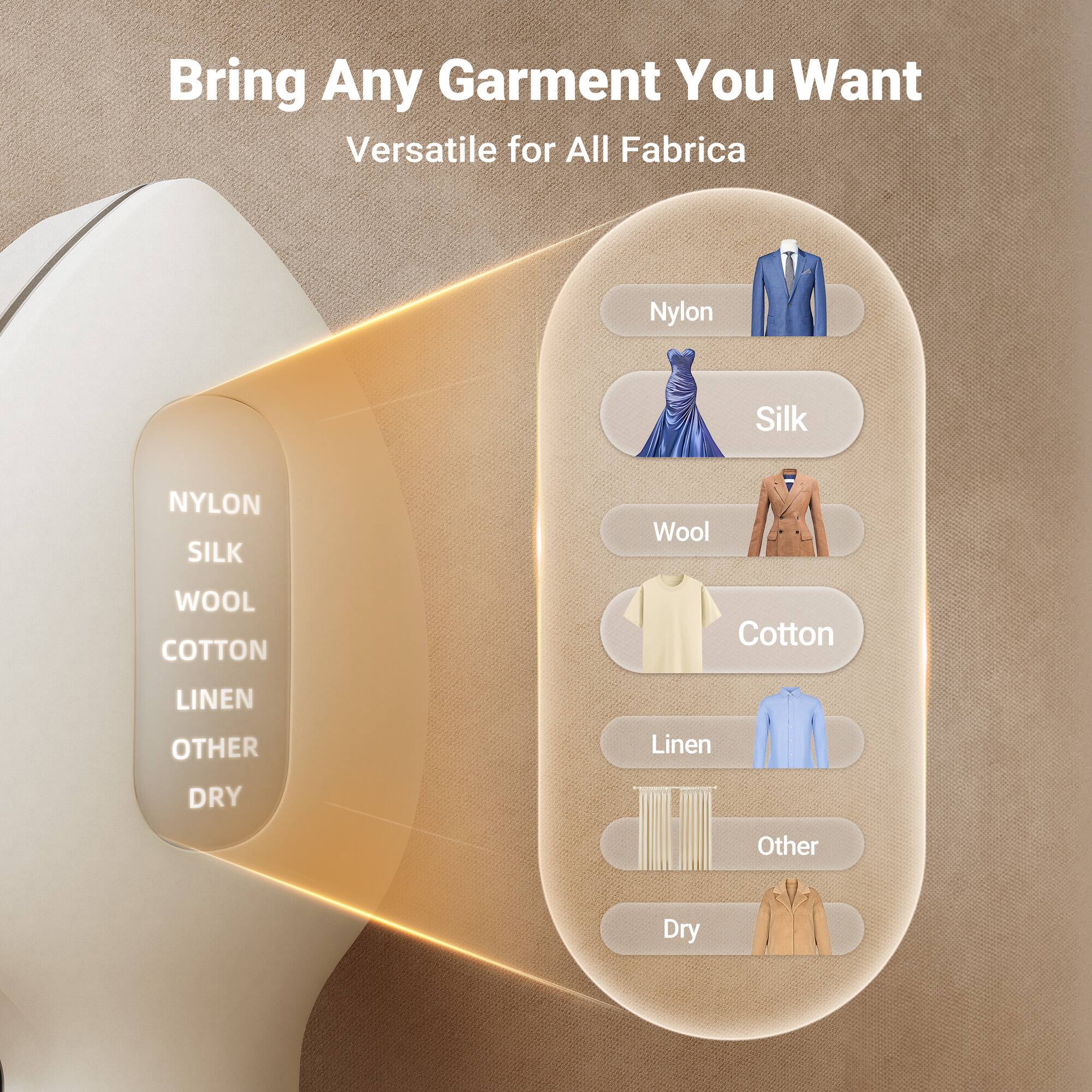 Bring Any Garment You Want  
Versatile for All Fabrica  

- Nylon  
- Silk  
- Wool  
- Cotton  
- Linen  
- Other  
- Dry