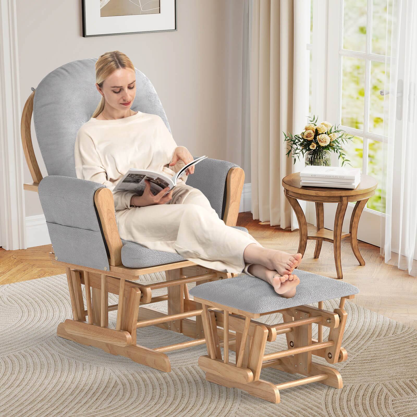 Alt View 1. Costway - Costway Glider and Ottoman Cushion Set Wood Baby Nursery Rocking Chair - Gray,Natural.