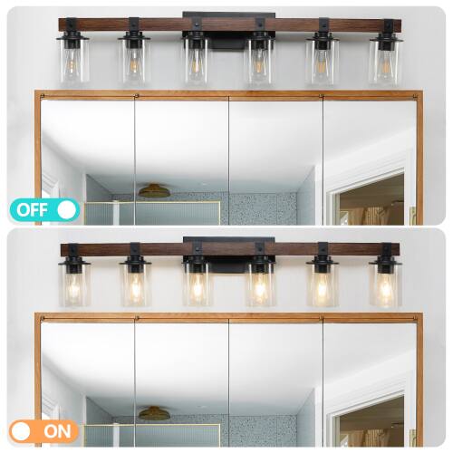 Alt View 1. LUCKY ONE - 42in Rustic 6-Light Vanity Light, Industrial Farmhouse Bathroom Sconce with Wood Accent - Walnut.