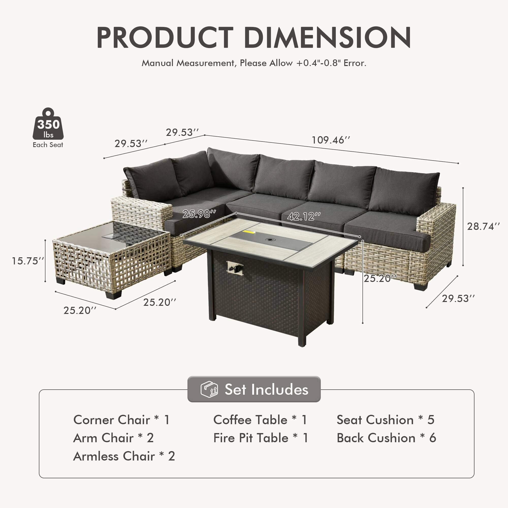 Alt View 1. Ovios - 7 PCS Patio Sectional Furniture with 42" Fire Pit Table Rattan Wicker Coversation Couch Set - Black.