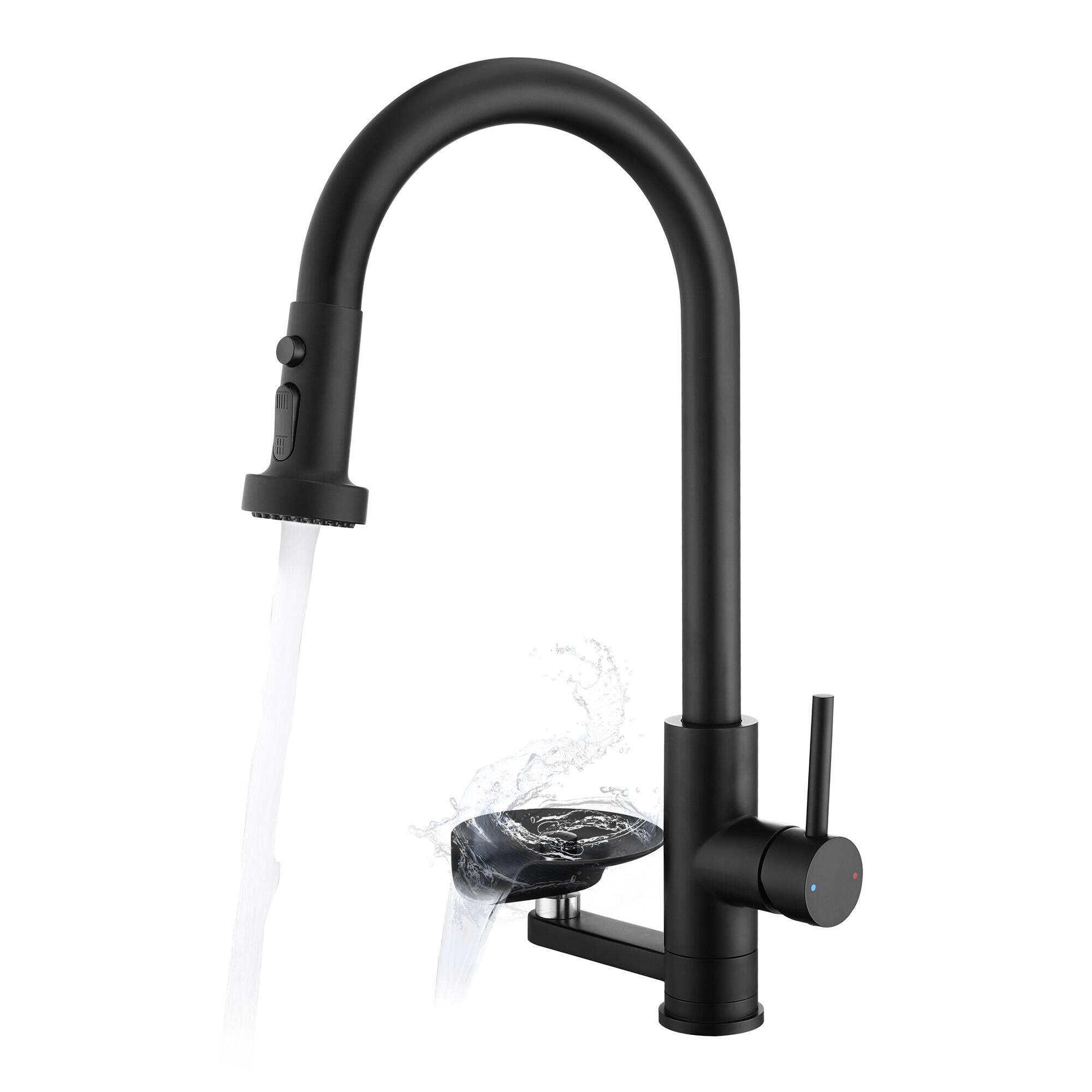 Front. APRILSOUL - 3-in-1 Kitchen Faucet with Press-Type Glass Rinser High-Arc Pull-Down Sprayer Faucet 3 Function Spray Mode Matte Black - Matte Black.