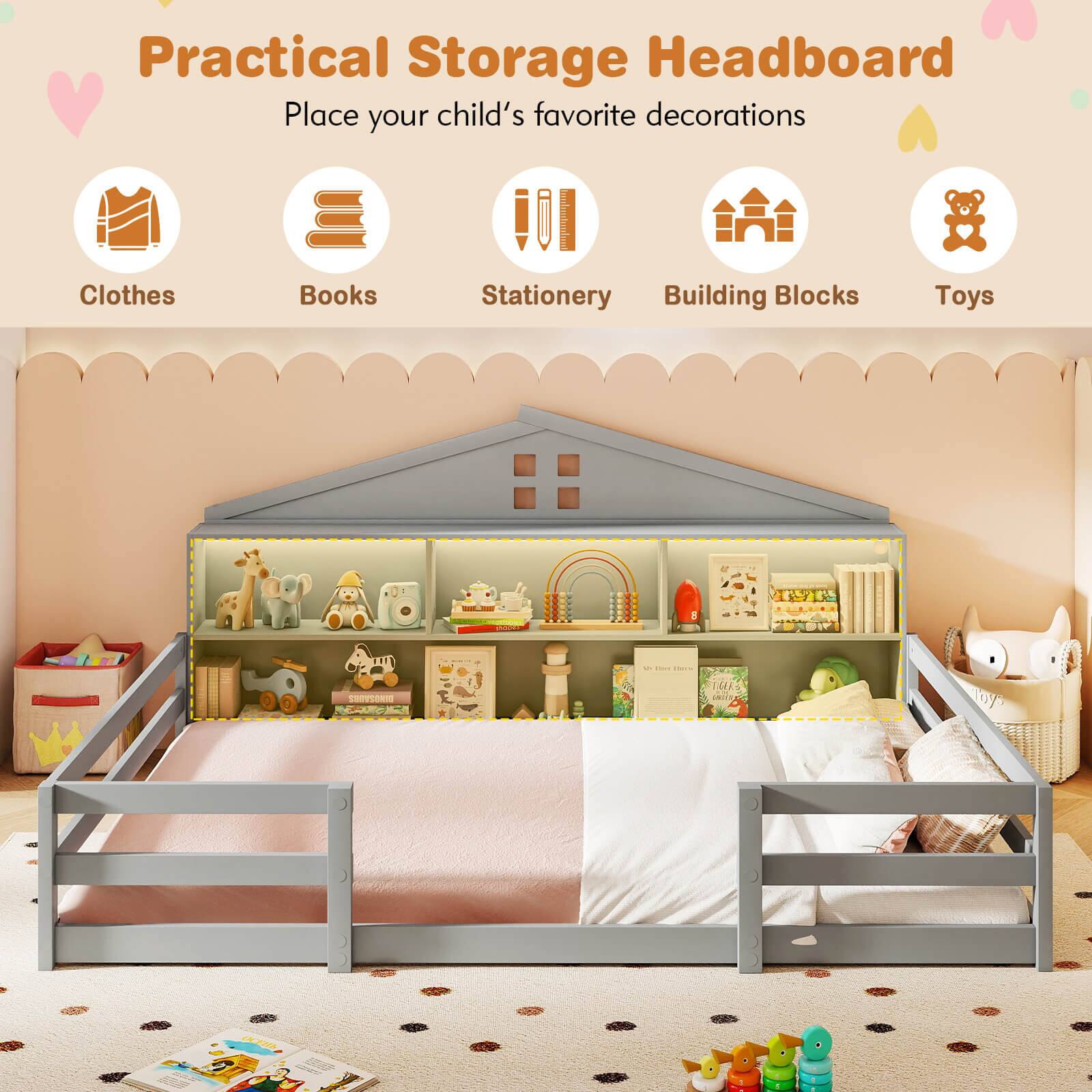 Practical Storage Headboard  
Place your child's favorite decorations  

- Clothes  
- Books  
- Stationery  
- Building Blocks  
- Toys
