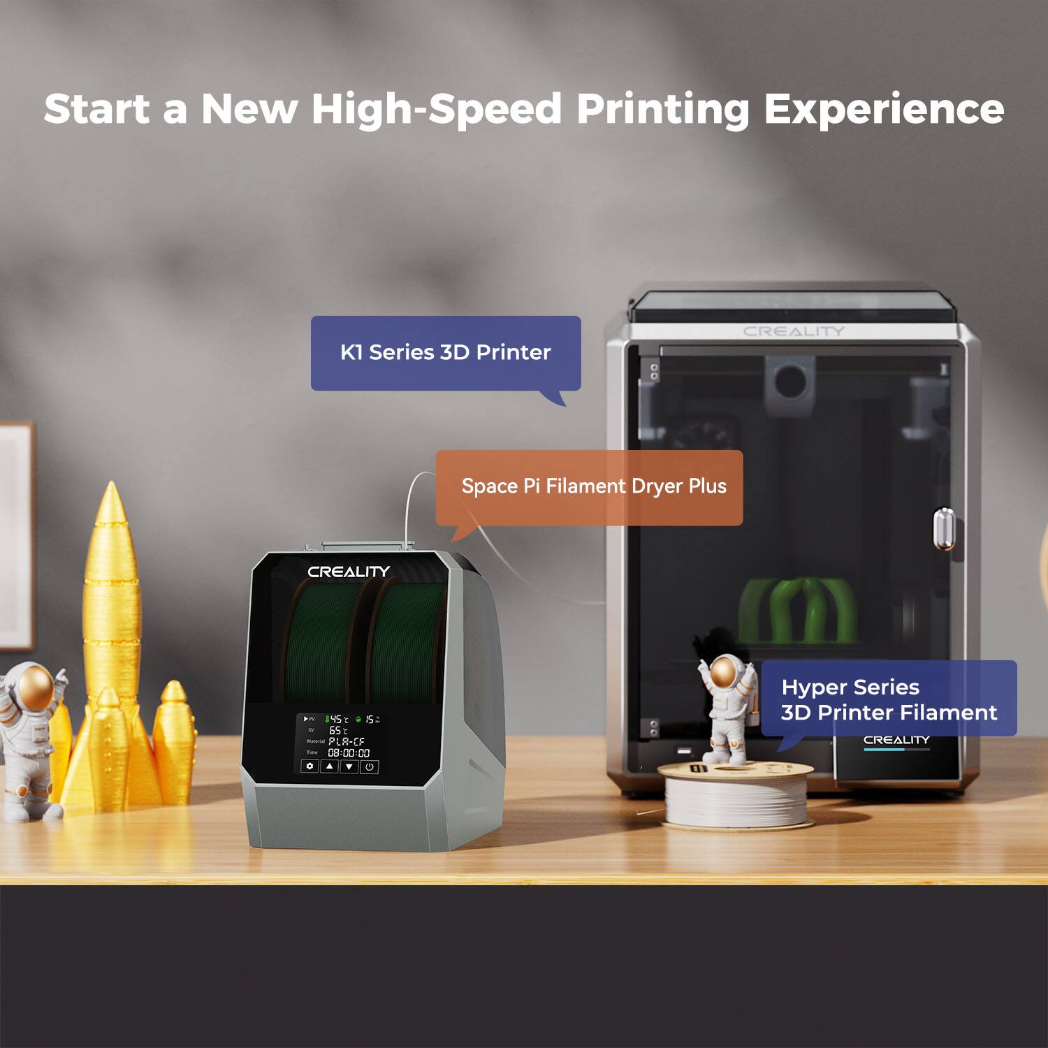 Start a New High-Speed Printing Experience with the K1 Series 3D Printer, CREALITY Space Pi Filament Dryer Plus, and CREALITY Hyper Series 3D Printer Filament.