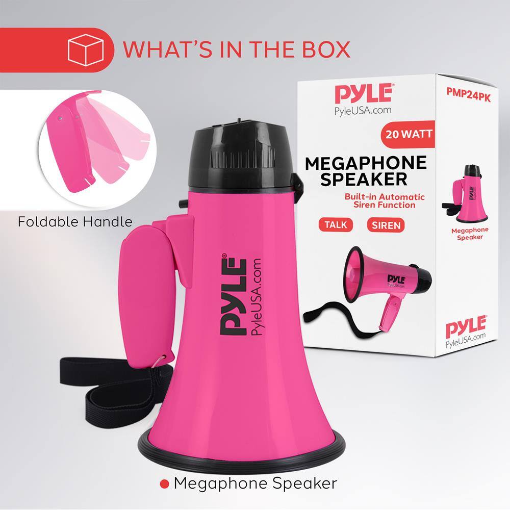 WHAT'S IN THE BOX

- Foldable Handle
- Megaphone Speaker

PYLE  
PyleUSA.com  
PMP24PK  
20 WATT  
MEGAPHONE SPEAKER  
Built-in Automatic Siren Function  
TALK SIREN  

PYLE  
PyleUSA.com  
Megaphone Speaker