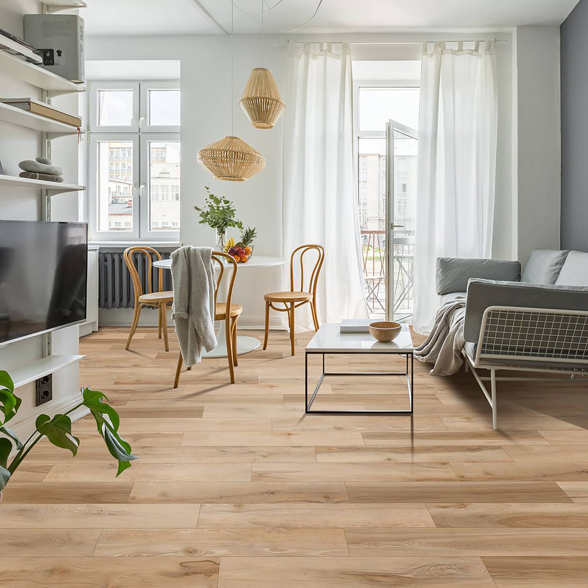 Left. Dotfloor - Superoak SEKET Laminate Flooring - 48"x7.7" Planks, 8 Planks/Box (20.56 sq ft/Box), 12mm Thick, AC4 Wear Rating - Sunshine Hickory.