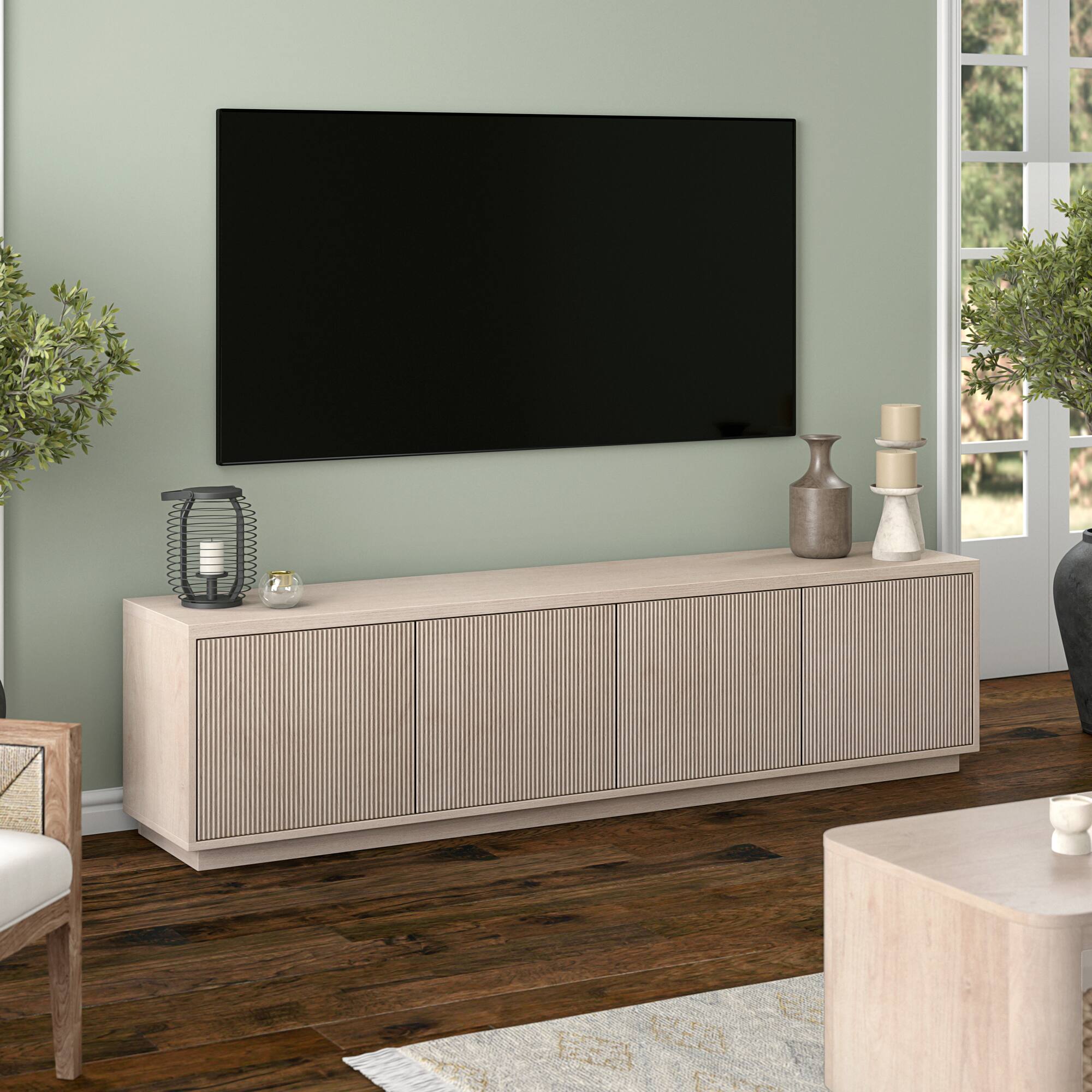 Alt View 3. Hudson&Canal - Hanson Rectangular Fluted TV Stand for TV's up to 85" in Alder White - Alder White.