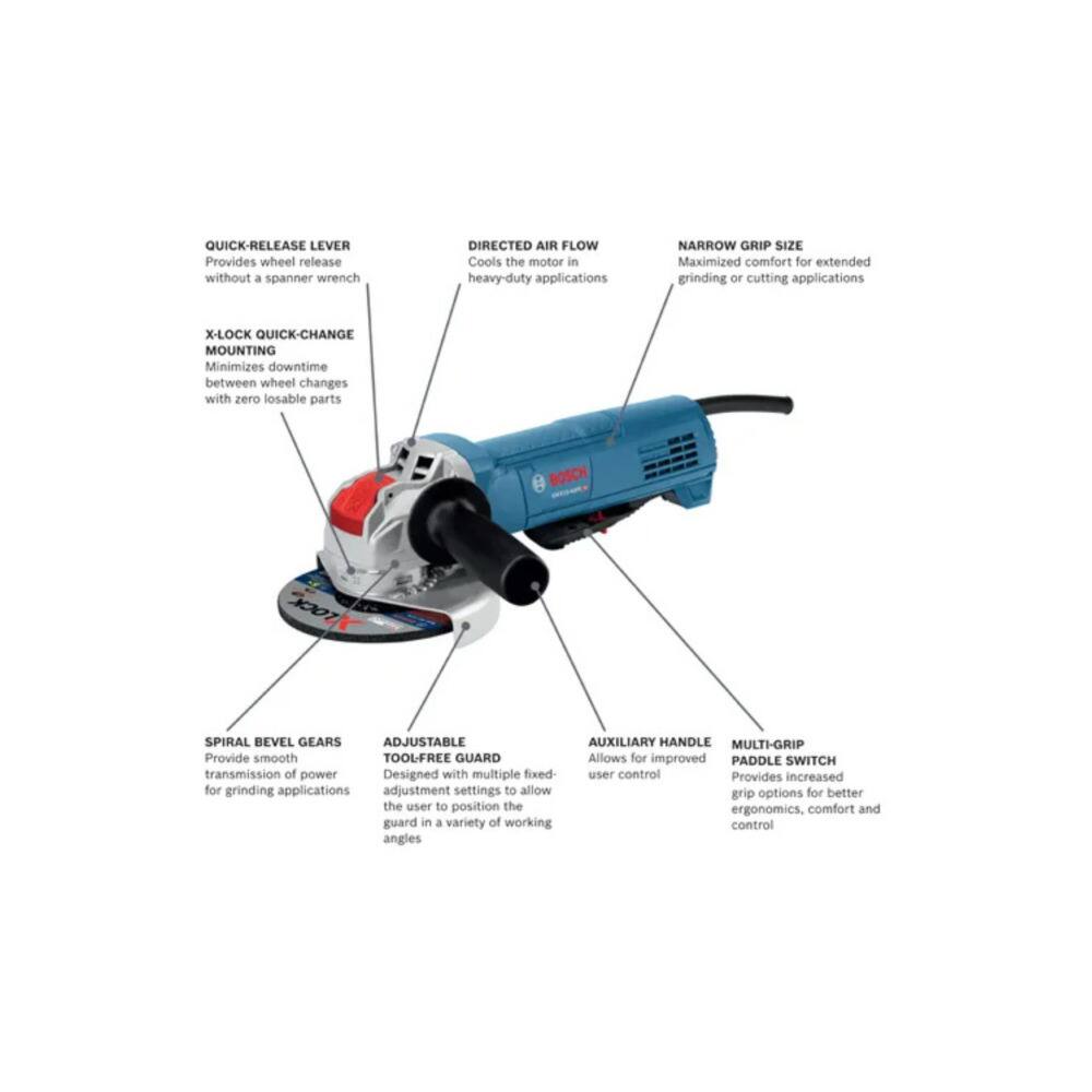 QUICK-RELEASE LEVER  
Provides wheel release without a spanner wrench  

DIRECTED AIR FLOW  
Cools the motor in heavy-duty applications  

NARROW GRIP SIZE  
Maximized comfort for extended grinding or cutting applications  

X-LOCK QUICK-CHANGE MOUNTING  
Minimizes downtime between wheel changes with zero losable parts  

SPIRAL BEVEL GEARS  
Provide smooth transmission of power for grinding applications  

ADJUSTABLE TOOLFREE GUARD  
Designed with multiple fixed- adjustment settings to allow the user to position the guard in a variety of working angles  

AUXILIARY HANDLE  
Allows for improved user control  

MULTI-GRIP PADDLE SWITCH  
Provides increased grip options for better ergonomics, comfort and control