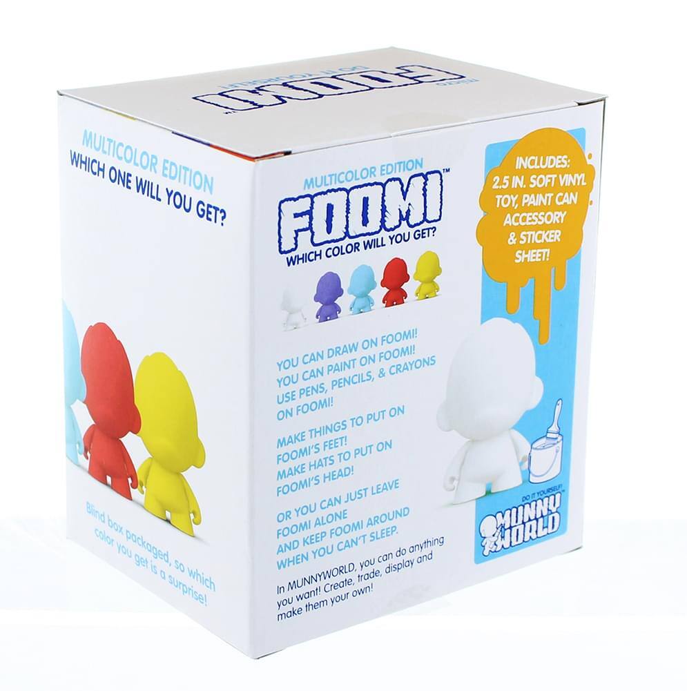 **MULTICOLOR EDITION**  
**WHICH ONE WILL YOU GET?**

**FOOMI**  
**WHICH COLOR WILL YOU GET?**

**INCLUDES:**  
- 2.5 IN. SOFT VINYL TOY  
- PAINT CAN  
- ACCESSORY & STICKER SHEET!

**YOU CAN DRAW ON FOOMI!**  
**YOU CAN PAINT ON FOOMI!**  
**USE PENS, PENCILS, & CRAYONS ON FOOMI!**

**MAKE THINGS TO PUT ON FOOMI'S FEET!**  
**MAKE HATS TO PUT ON FOOMI'S HEAD!**

**OR YOU CAN JUST LEAVE FOOMI ALONE!**  
**KEEP FOOMI SLEEPING.**

**Blind box packaged, so which color you get is a surprise!**

**In MUNNYWORLD, you can do anything you want! Create, trade, display, and make them your own!**