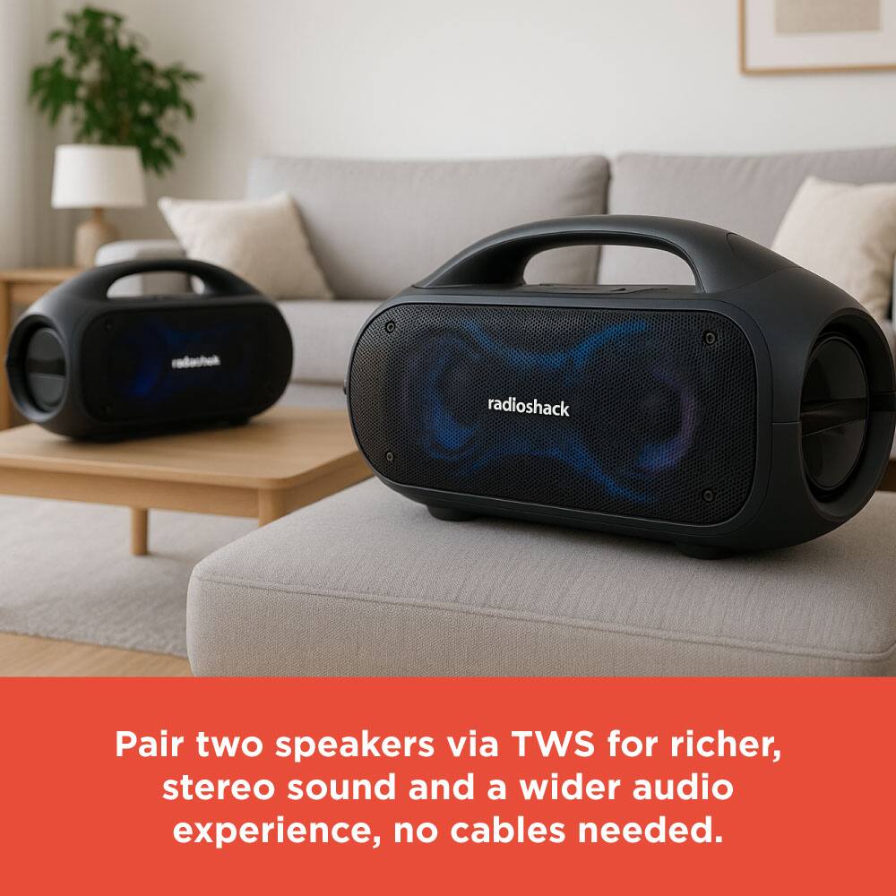 Pair two speakers via TWS for richer, stereo sound and a wider audio experience, no cables needed.