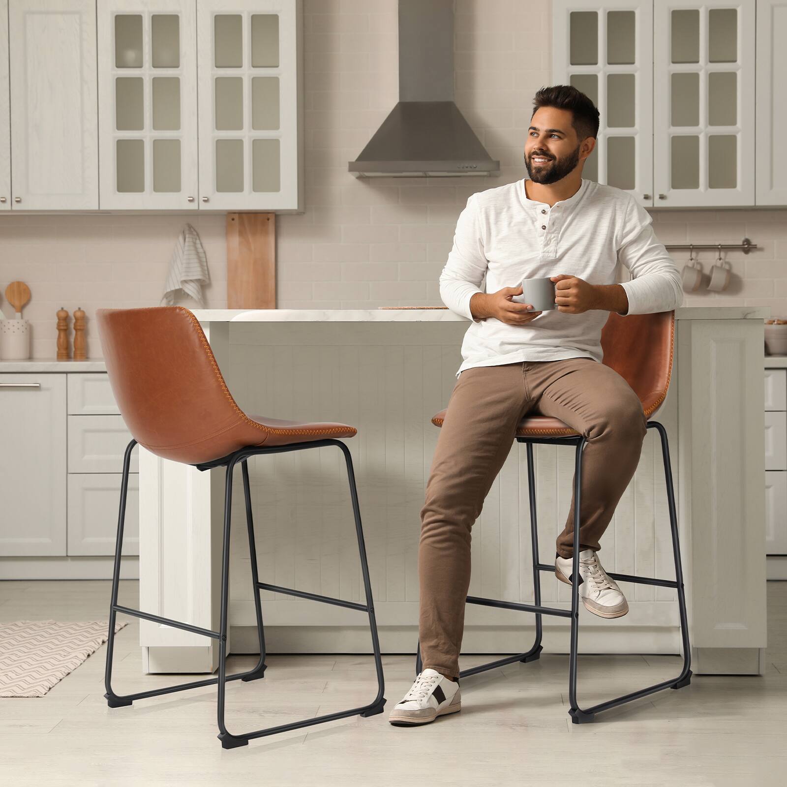 Alt View 3. PexFix - Industrial Bar Stools, Set of 2, Upholstery Armless Leather with Metal Legs, Footrest for Kitchen Island, Home Bar - Brown.