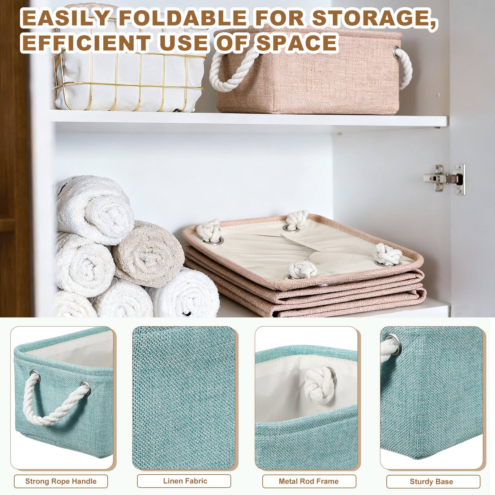 EASILY FOLDABLE FOR STORAGE, EFFICIENT USE OF SPACE

Strong Rope Handle
Linen Fabric
Metal Rod Frame
Sturdy Base