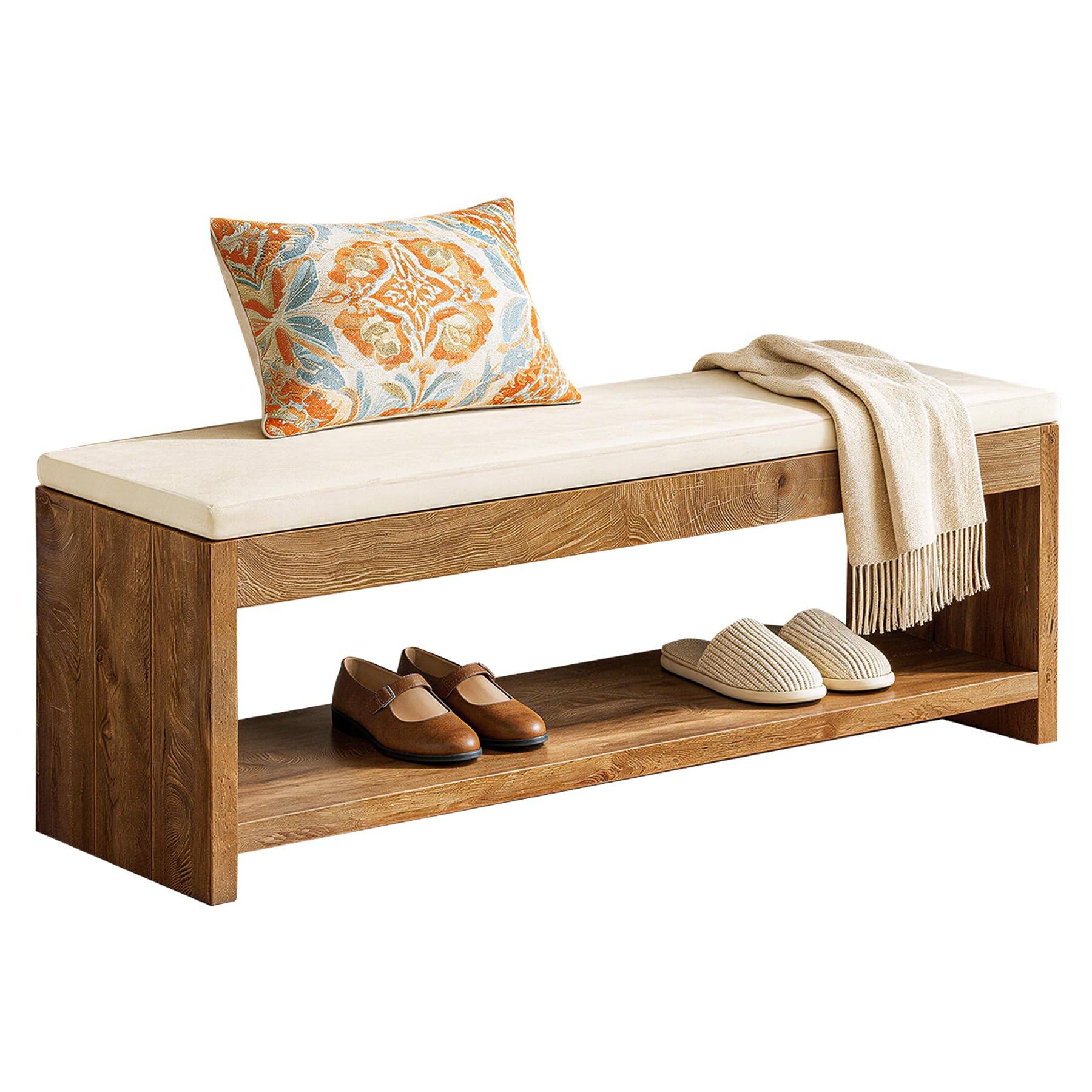 Alt View 4. Tribesigns - 2-Tier Entryway Bench with Storage, 55.1-Inch Wooden Shoe Bench with Padded Seat Cushion and Shoe Rack for Living Room, - Brown and White.