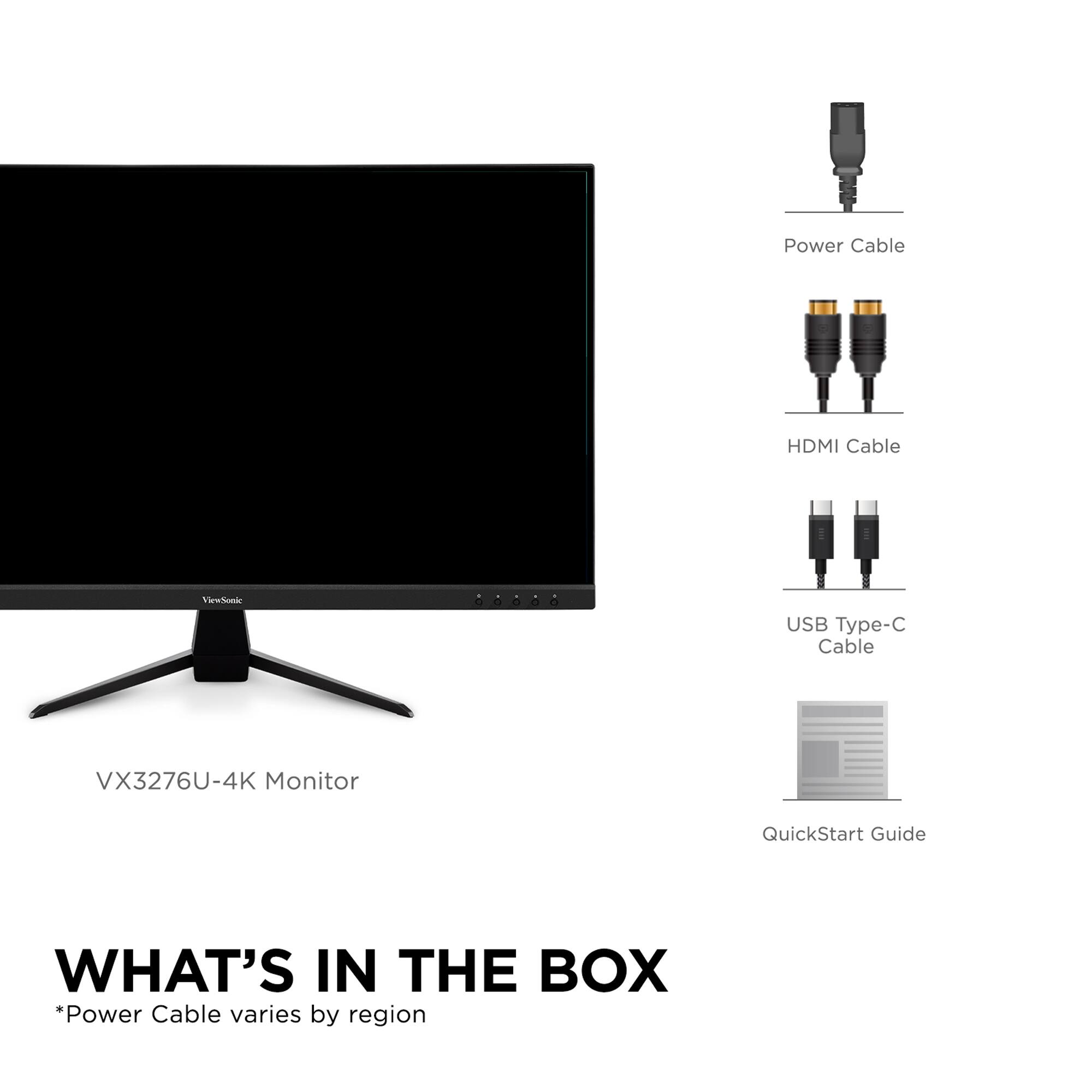 The text on the image is grouped and corrected as follows:

What's in the Box:
- Power Cable (varies by region)
- HDMI Cable
- USB Type-C Cable
- VX3276U-4K Monitor
- QuickStart Guide