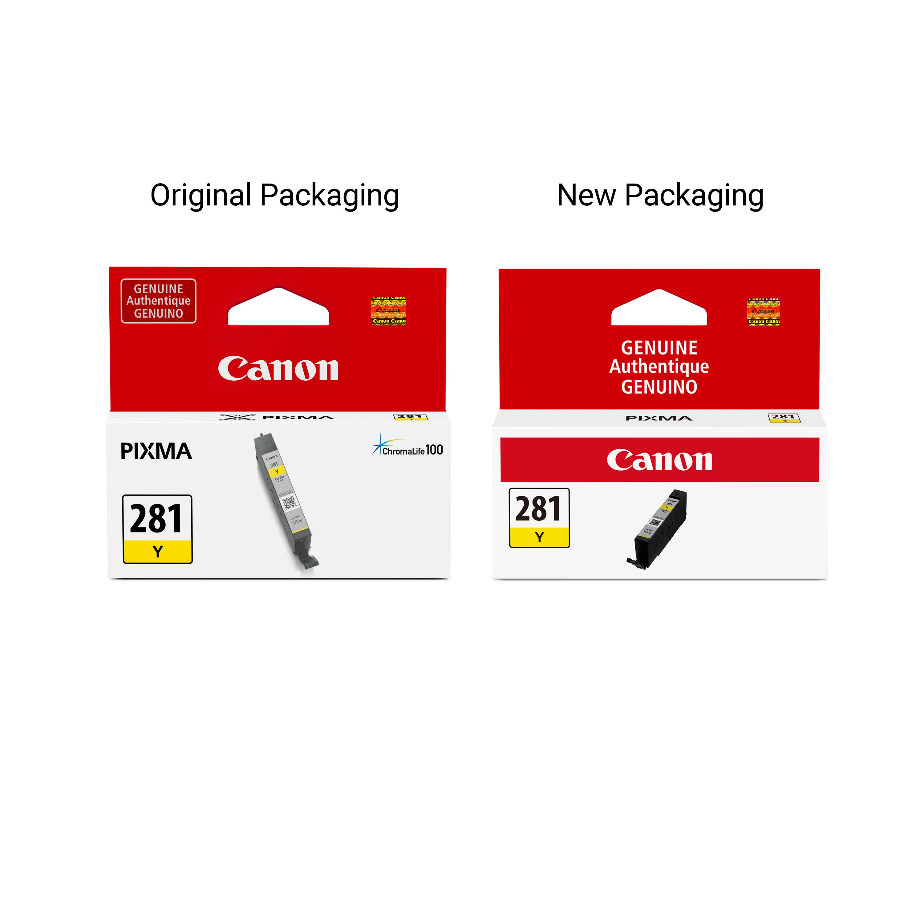 Original Packaging  
New Packaging  
GENUINE Authentique GENUINO d Canon  
PIXMA  
ChromaLife 100  
281 Y  

Original Packaging  
New Packaging  
GENUINE Authentique GENUINO  
Canon  
PIXMA  
281 Y