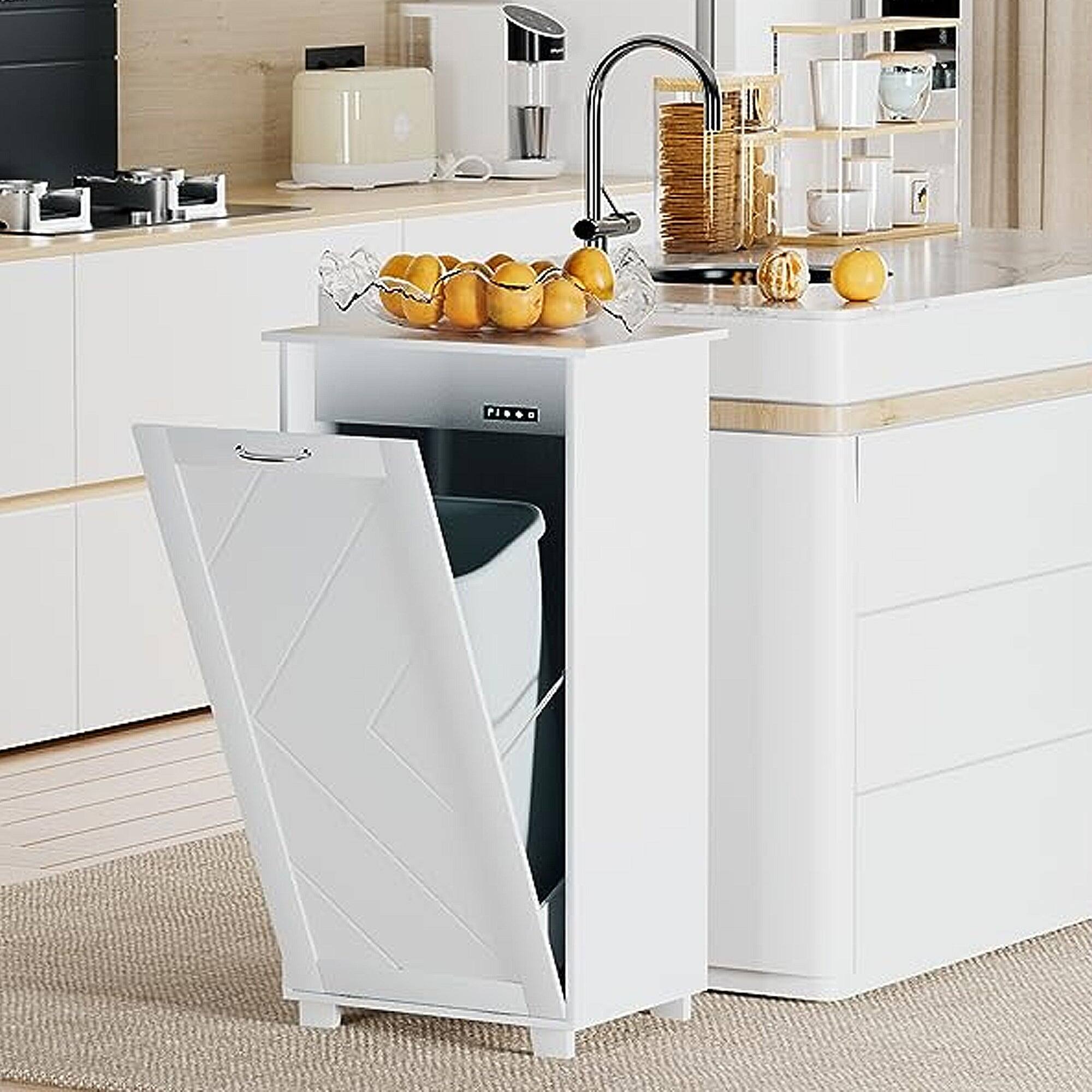 Alt View 1. Vecelo - Hidden Trash Can Cabinet with Deodorizer - Pull-Out Kitchen Garbage Bin Storage, MDF Wood Concealed Trash Cabinet - White.