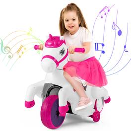 Gymax - 12V Kids Ride on Unicorn Toy w/ Training Wheels Music One-button Start Horse Toy - Rose Red