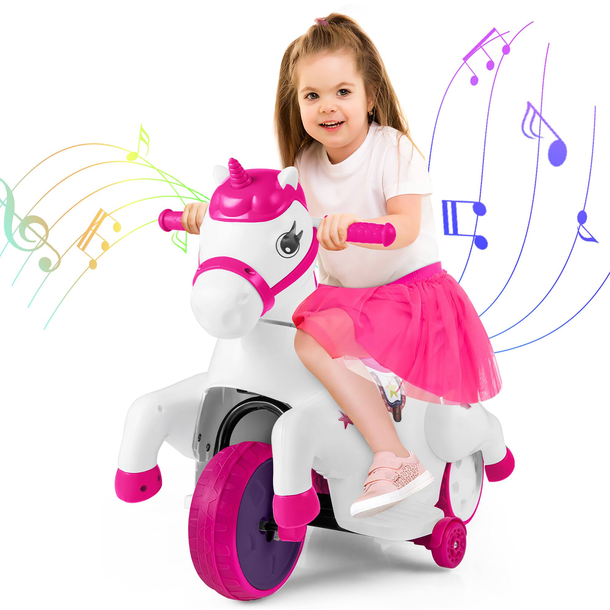 Front. Gymax - Gymax 12V Kids Ride on Unicorn Toy w/ Training Wheels Music One-button Start Horse Toy Rose Red - Rose Red.