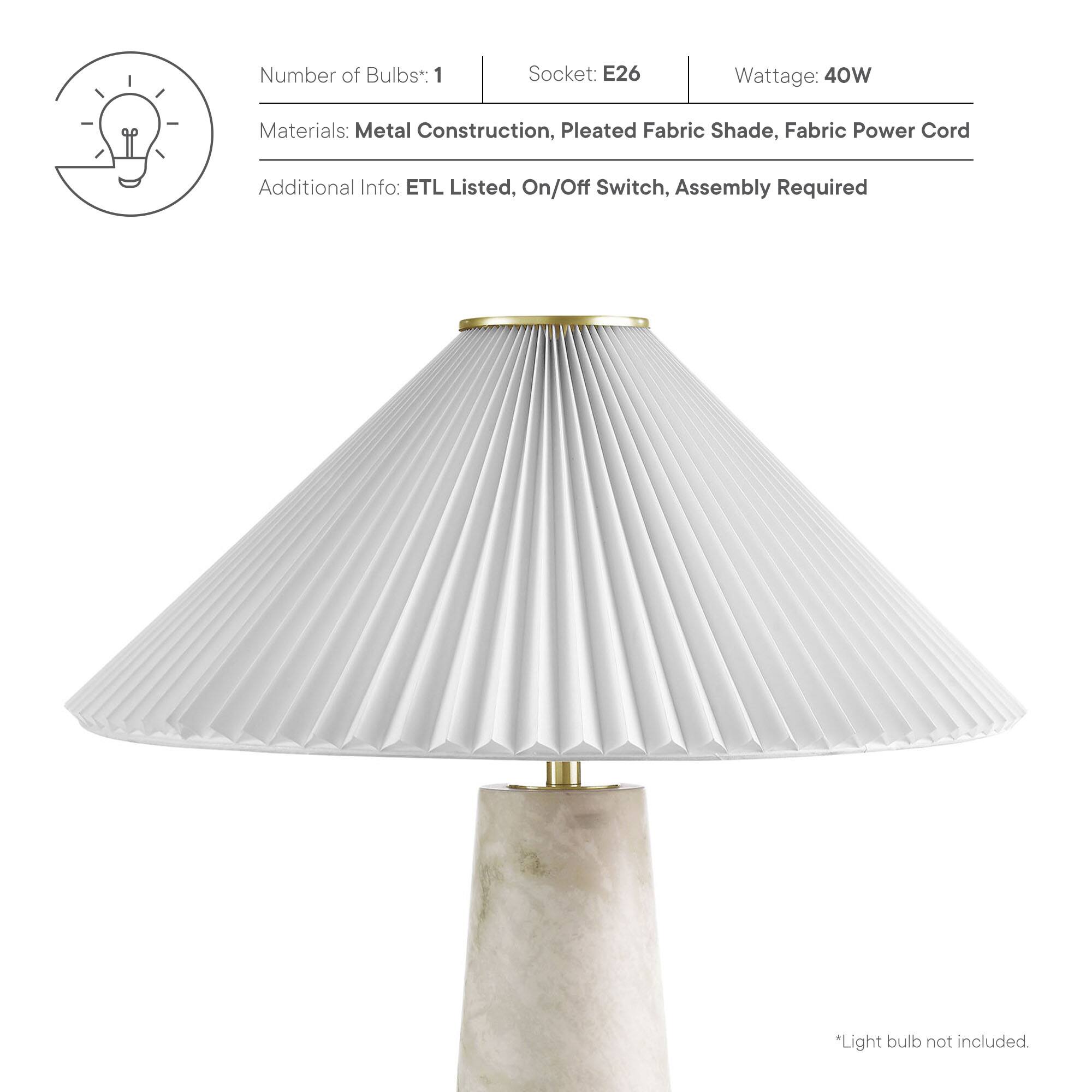 Number of Bulbs: 1  
Socket: E26  
Wattage: 40W  

Materials: Metal Construction, Pleated Fabric Shade, Fabric Power Cord  

Additional Info: ETL Listed, On/Off Switch, Assembly Required  

*Light bulb not included.