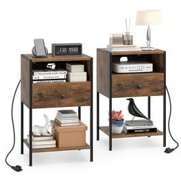 Gymax - 2Pcs Nightstand w/ Charging Station Bedside Table w/ USB Ports & Outlets Rustic Black - Brown