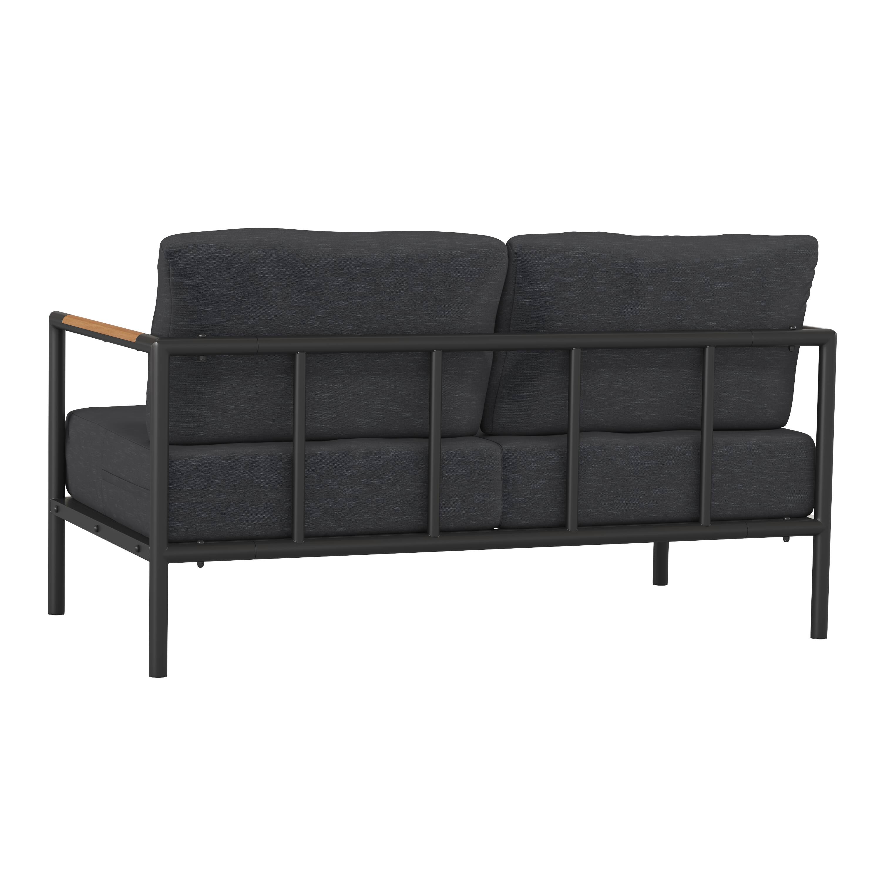 Alt View 5. Emma + Oliver - Aluminum Frame Loveseat with Teak Arm Accents and Plush Cushions - Charcoal.
