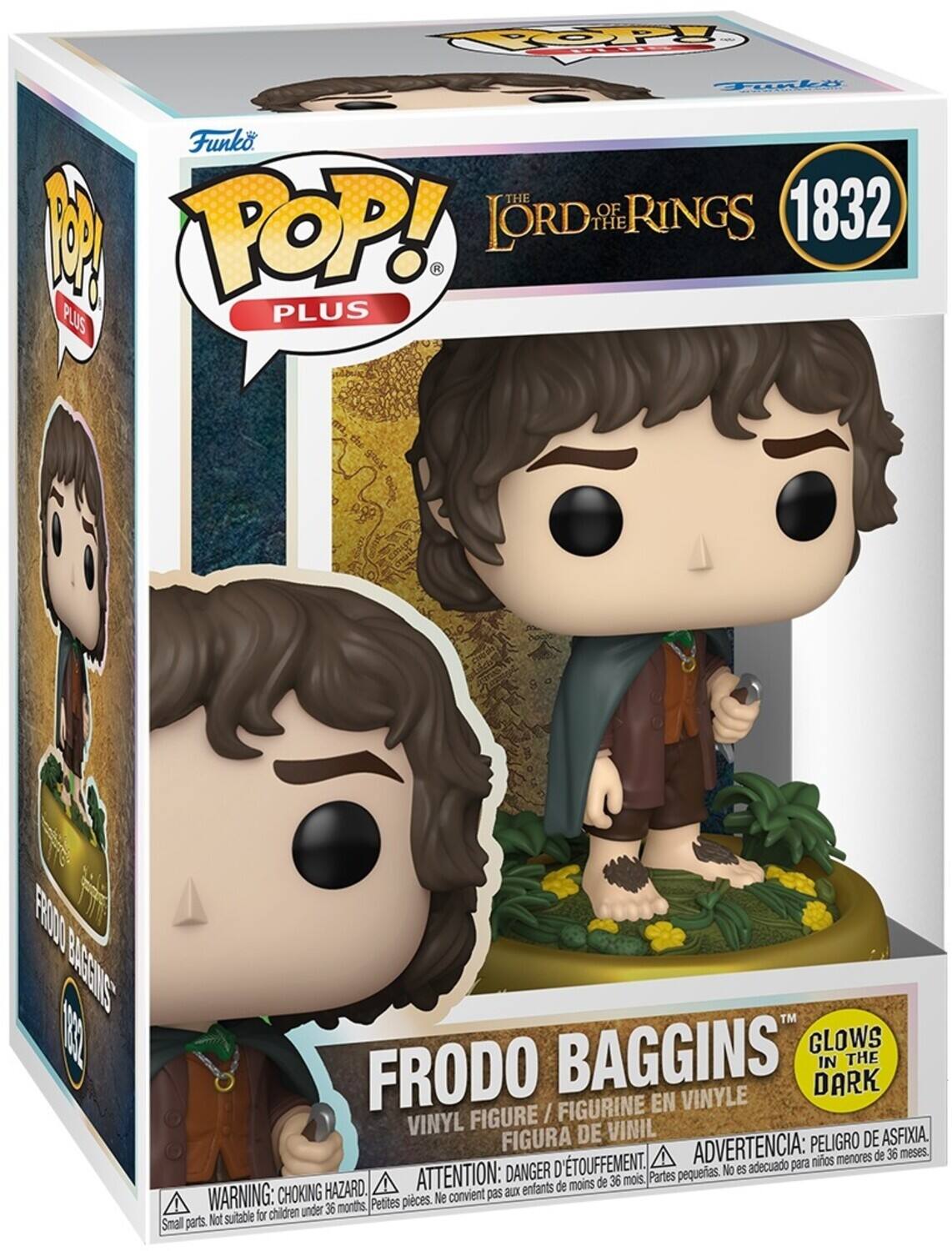 Sure, here is the corrected and grouped text from the image:

---

**Funko POP! Plus**

**The Lord of the Rings**

**1832**

**Frodo Baggins**

**Vinyl Figure / Figurine en Vinyle / Figura de Vinil**

**GLOWS IN THE DARK**

**WARNING: CHOKING HAZARD. Small parts. Not suitable for children under 36 months.**

**ATTENTION: DANGER D'ÉTOUFFEMENT. Petites pièces. Ne convient pas aux enfants de moins de 36 mois.**

**ADVERTENCIA: PEOR DE ASFIXIA. Partes pequeñas. No es adecuado para niños menores de 36 meses.**

---