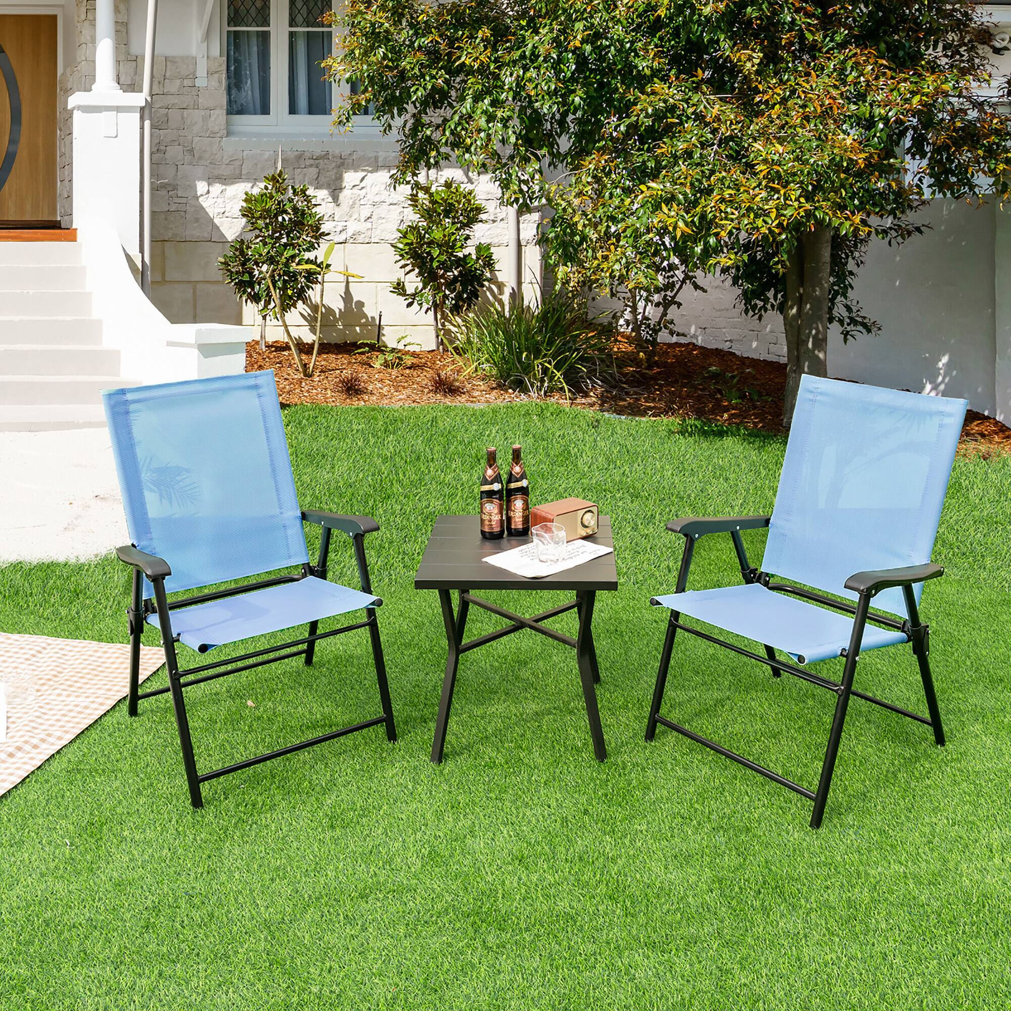 Alt View 1. Costway - Costway 2pcs Patio Portable Armrests Chair Folding Sling Back Chair - Blue.