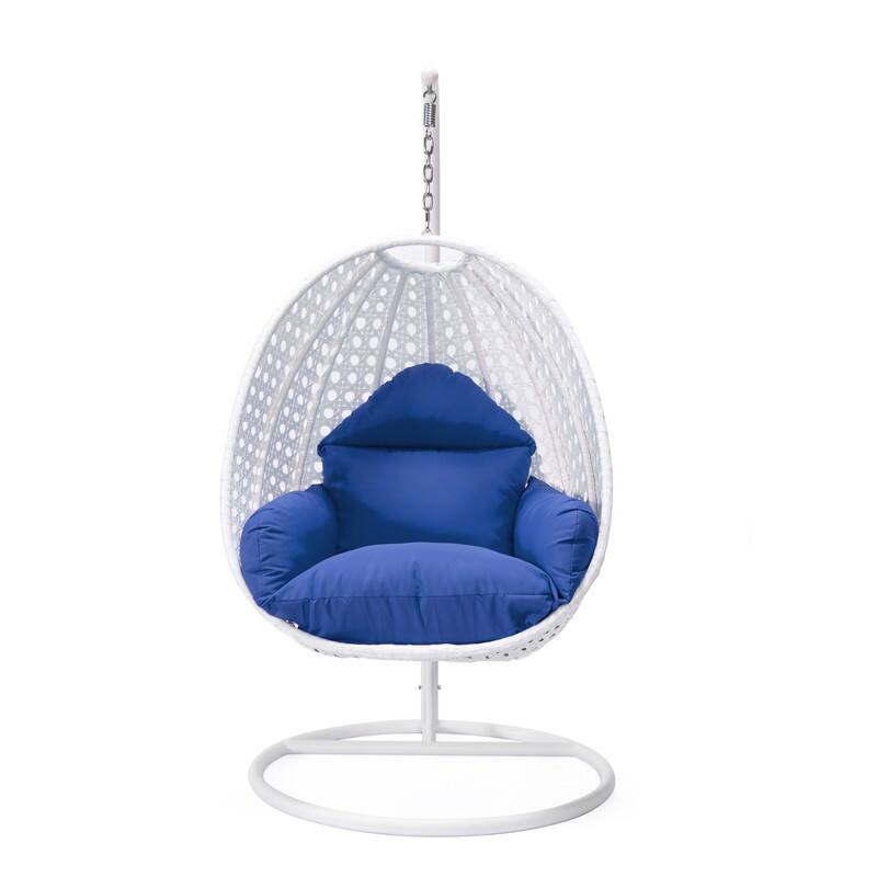 Left. LeisureMod - LeisureMod Modern Handwoven White Wicker Egg Swing Chair with Stand - Single Hanging Indoor/Outdoor Chair for Patio - Blue.