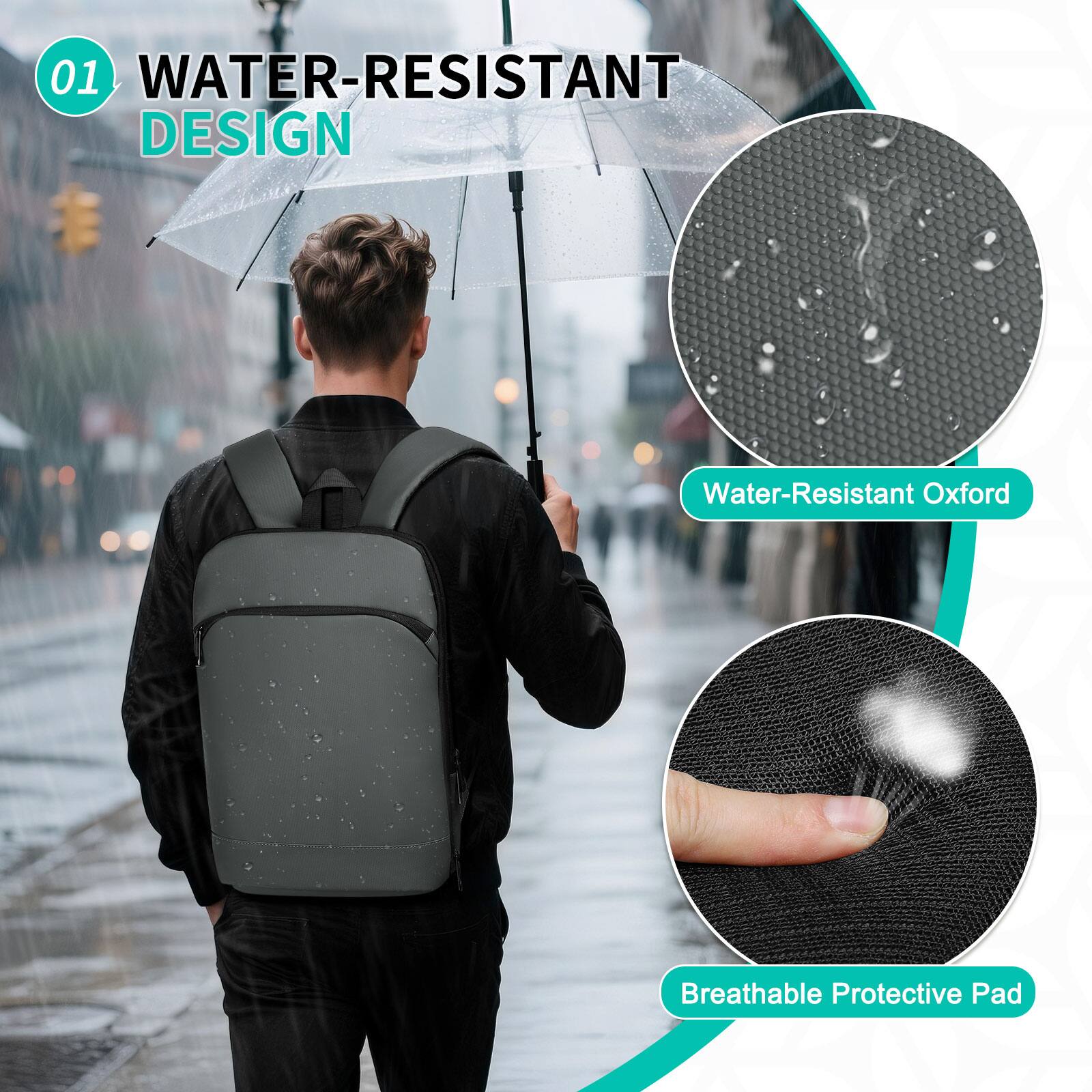 01 WATER-RESISTANT DESIGN  
Water-Resistant Oxford  
Breathable Protective Pad